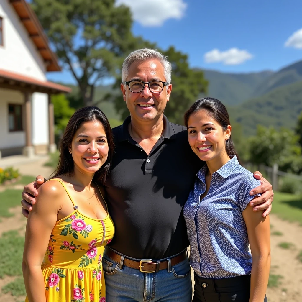 a poor snapchat quality photo from 2015, A medium shot photo of three people a man and two women posing happily in front of farmhouse in colombia under bright natural light. The image has a vibrant color palette, clear blue sky enhancing the cheerful atmosphere. The man, who appears to be latino with an older appearance, has a medium build and light skin with a slight tan. He wears glasses, wearing jeans, and a black polo shirt, smiling warmly while standing between the two women. On his right, a woman with fair skin and black hair tied back is wearing a yellow sundress with colorful floral patterns; she leans slightly towards him, smiling at the camera. On his left, the other woman, also with fair skin and black hair tied back, wears a blue patterned blouse and dark trousers, leaning in with a broad smile. The bright sunlight casts soft shadows, creating a lively, clear atmosphere. The setting is a farmhouse in colombia. The image captures intricate details with high clarity, and the bright lighting emphasizes both the subjects and the scenic backdrop, evoking a warm and joyful moment shared among family or friends