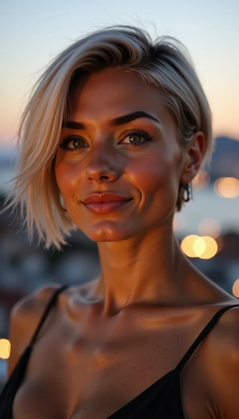 CSTMLD close-up cinematic portrait of Baïla at twilight on a rooftop overlooking the sea.
Her silver hair reflects the last light of the day; her smile is wide and authentic.
Behind her, city lights start to sparkle like golden dots.

Lighting: mix of warm twilight and soft candle reflections.
Mood: joy, sensual calm, feminine confidence.
Camera: 85 mm f/1.4; shallow DOF; glossy texture.