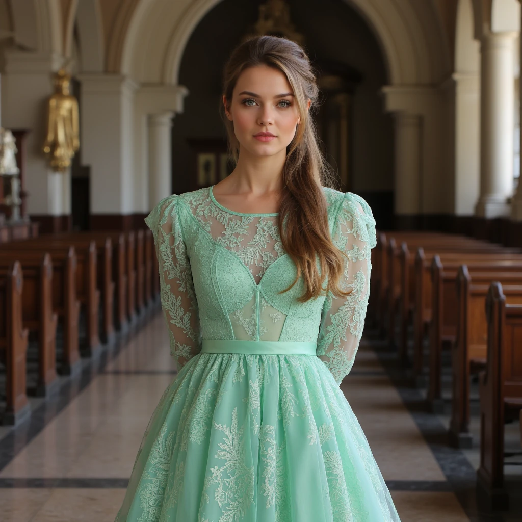 create an ultra-realistic full body image of a 19 year old Serbian woman with a stunning hourglass figure: slim, curvy, and beautiful, featuring a flat tummy, big hips, and a perfect, perky chest. Her skin is tan, She stands at 5'9", embodying the epitome of allure and charm with her sharp Slavic facial features. Her captivating baby blue eyes and long, light baby brown hair enhance her mesmerizing presence. Dressed in a elegant mint green color laced long sleeve dress in a beautiful cathedral in vienna, austria. she has a brown orthodox vail on her head. Her expression is one of confidence and allure, making her every man's dream girl. Focus on extreme realism, especially in her facial details. she is holding her arms behind her back and is posing in an innocent yet sexy way. her hair is up in a beautiful high ponytail.