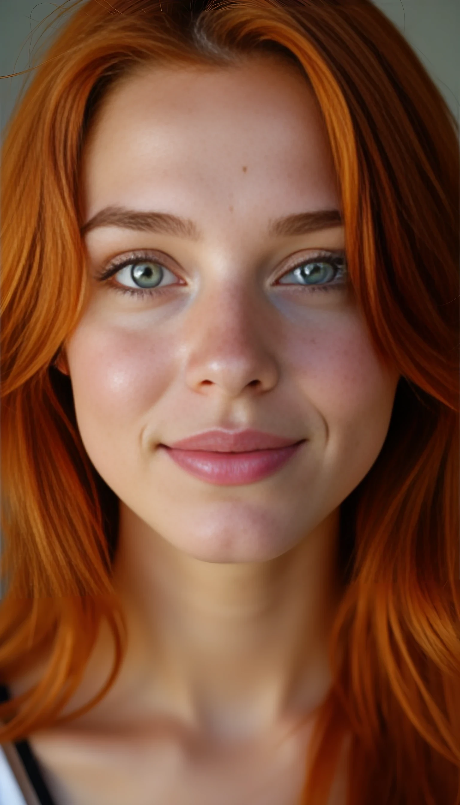 A portrait photo of a beautiful 20 years old model, mixed ethnicity of half white American half Brazilian, with soft red hair, emerald green eyes, light freckles across her nose, ultra detailed eyes with sharp iris reflections, slight smile, studio-quality, extremely realistic HD