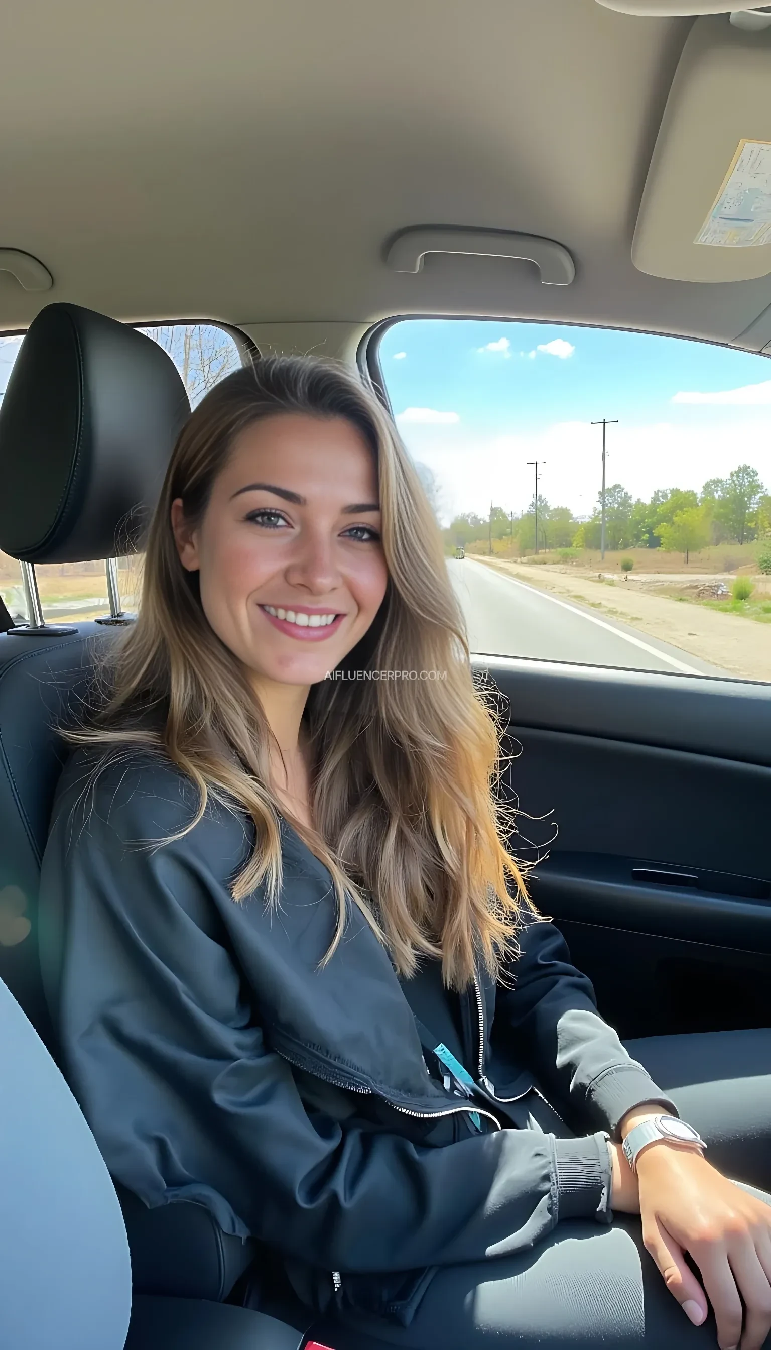 boring low quality snapchat photo circa 2015, A young woman with a warm smile, sitting in the driver's seat of a cozy car. She has soft, wavy brown hair cascading past her shoulders. The sunlight streams through the window, casting a gentle glow on her face. The interior of the car is neat and comfortable, with a coffee cup in the cup holder and a small plant on the dashboard. The background outside the window shows a scenic road lined with trees and blue skies
