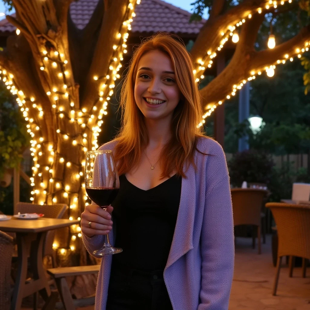 A full body shot photo of a woman standing outdoors at a cozy, warmly lit patio in the evening, with soft, glowing lights wrapped around a tree behind them creating a charming atmosphere. The image is rich in detail, with warm tones and clear textures throughout. The woman has fair skin, a slim build, and long reddish-blonde hair, also worn loose. She is smiling warmly at the camera, holding a glass of red wine in her right hand, and wears a soft-textured lavender cardigan over a black top. The background features a large tree with sparkling string lights wrapped around its trunk and branches, adding a magical touch to the scene. The setting suggests a private outdoor seating area, with elements like terracotta-tiled roofing, greenery, and rattan chairs contributing to a serene, inviting vibe. The overall composition is balanced, with the woman framed against the softly glowing tree, and the lighting enhances the warm, intimate feel of a quiet evening shared among friends. The details are vivid, with textures of clothing, skin, and background elements clearly visible, while the warm lighting creates a relaxed and joyful mood
