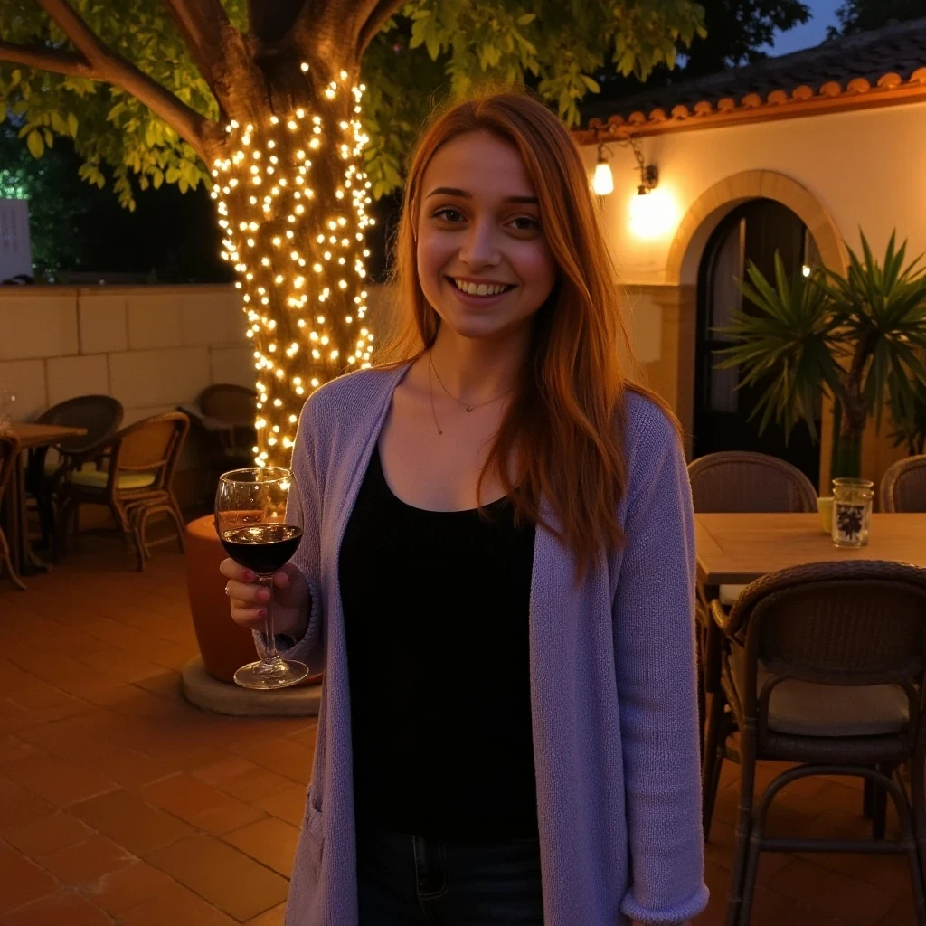 A full body shot photo of a woman standing outdoors at a cozy, warmly lit patio in the evening, with soft, glowing lights wrapped around a tree behind them creating a charming atmosphere. The image is rich in detail, with warm tones and clear textures throughout. The woman has fair skin, a slim build, and long reddish-blonde hair, also worn loose. She is smiling warmly at the camera, holding a glass of red wine in her right hand, and wears a soft-textured lavender cardigan over a black top. The background features a large tree with sparkling string lights wrapped around its trunk and branches, adding a magical touch to the scene. The setting suggests a private outdoor seating area, with elements like terracotta-tiled roofing, greenery, and rattan chairs contributing to a serene, inviting vibe. The overall composition is balanced, with the woman framed against the softly glowing tree, and the lighting enhances the warm, intimate feel of a quiet evening shared among friends. The details are vivid, with textures of clothing, skin, and background elements clearly visible, while the warm lighting creates a relaxed and joyful mood