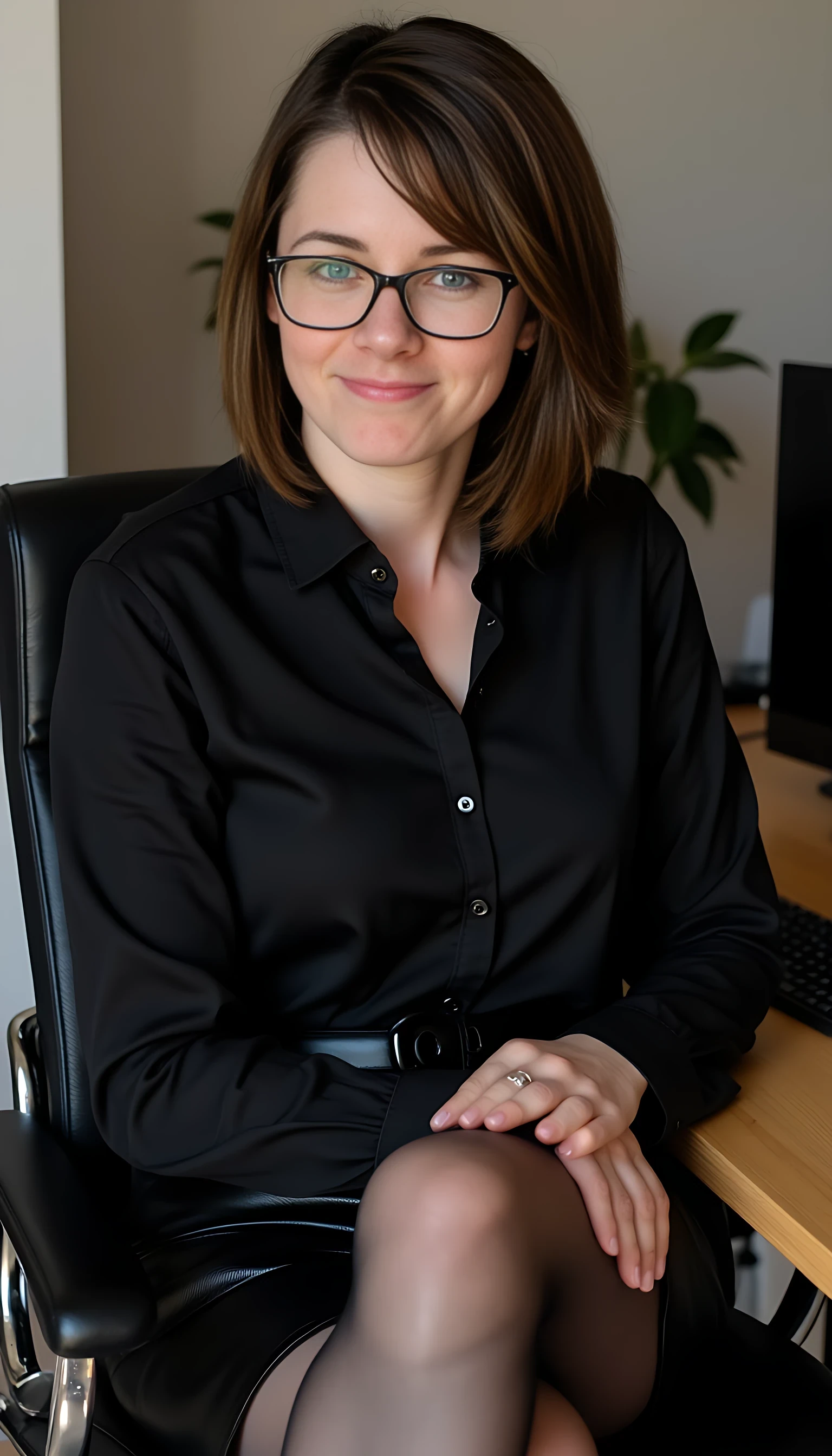 This is a highly detailed photography depicting a woman CSTMDL with fair skin, blue eyes and dark brown hair. She is seated on a black office chair, leaning slightly forward with her right hand resting on her knee and her left hand on the armrest. Her facial expression is calm and slightly contemplative, with her lips slightly parted and eyes looking directly at the viewer. She is wearing large, black-framed glasses that accentuate her delicate features.

Her attire includes a black, long-sleeved blouse that is buttoned up to the top, revealing a hint of cleavage and emphasizing her very large natural breasts. her enormous chest stretches the fabric of her top and molds her feminine shapes. She pairs the blouse with a high-waisted, black leather skirt that hugs her hips and midsection, accentuating her thin and athletic but yet curvy and plain feminine curves figure. The skirt is fastened with a black belt, adding to the sleek, professional look. She wears what appears to be thin, transparent black stockings. The stockings are attached with a garter belt whose only the fastener can be seen. she wears black high heels with red sole and heel. She also wears large, dangling earrings that add a touch of elegance to her appearance.

In the background, there is a white desk with a computer monitor and a pile of books and papers, indicating an office setting. The lighting in the image is soft, creating a warm and inviting atmosphere. The overall style of the artwork is realistic with a slight touch of hyper-realism, capturing fine details and textures with precision.
Photo (medium).