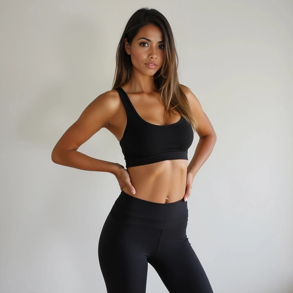 slim with big boobs and round ass. wearing a tank top and yoga pants