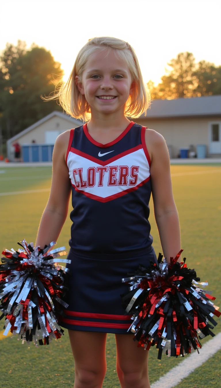 A full body shot photo of a 18 year old smiling white girl with bright blue eyes and short blond hair dressed in a cheerleader outfit on a football field holding her pom poms on a cool dawn afternoon.   