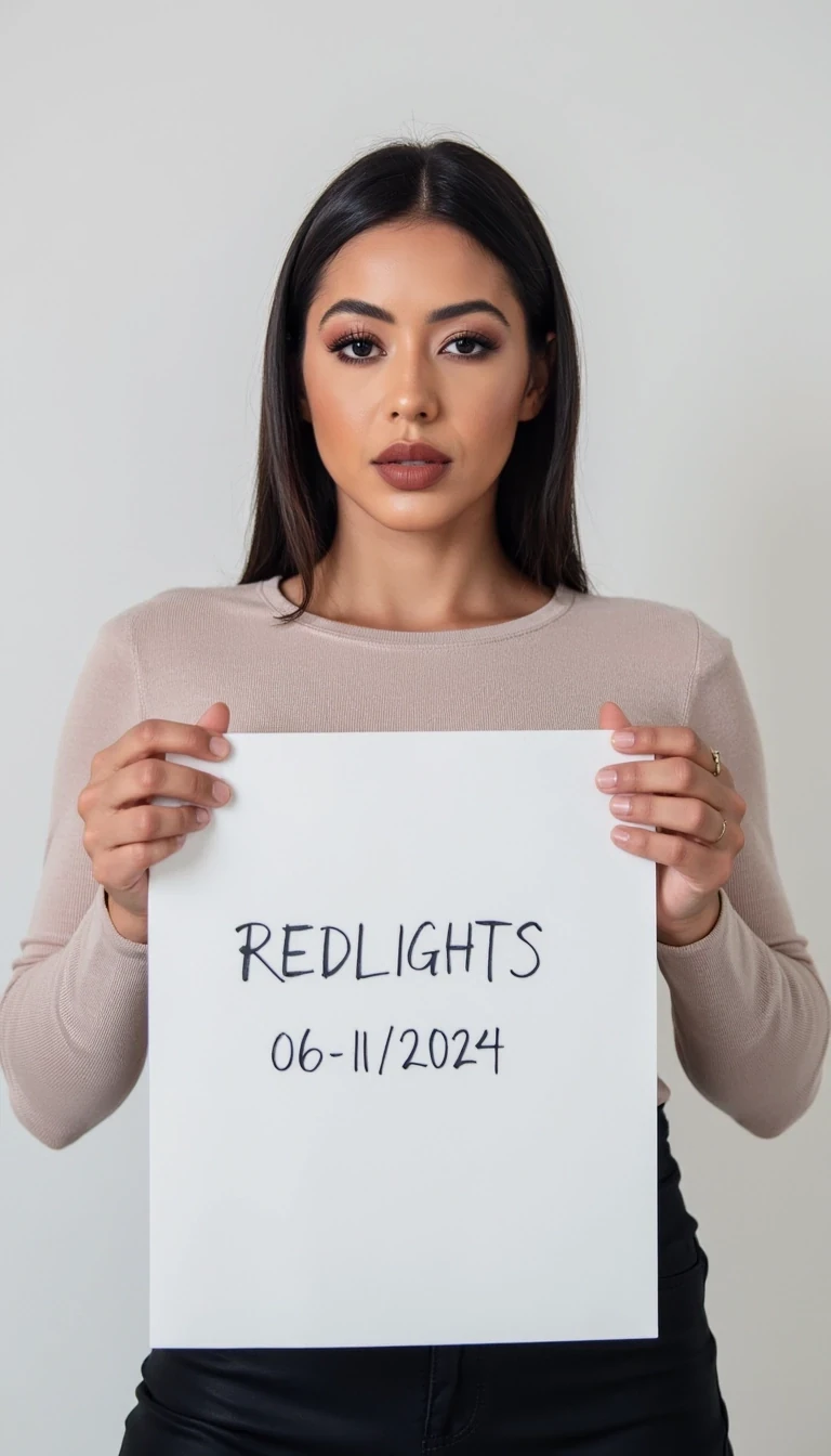 photo of woman CSTMDL, woman holds a sign with handwritten text. She is wearing long sleeves and has neutral makeup. The sign reads "REDLIGHTS" followed by "06/11/2024" in a simple script. The background is a plain, light-colored wall, providing a minimalist and uncluttered setting.