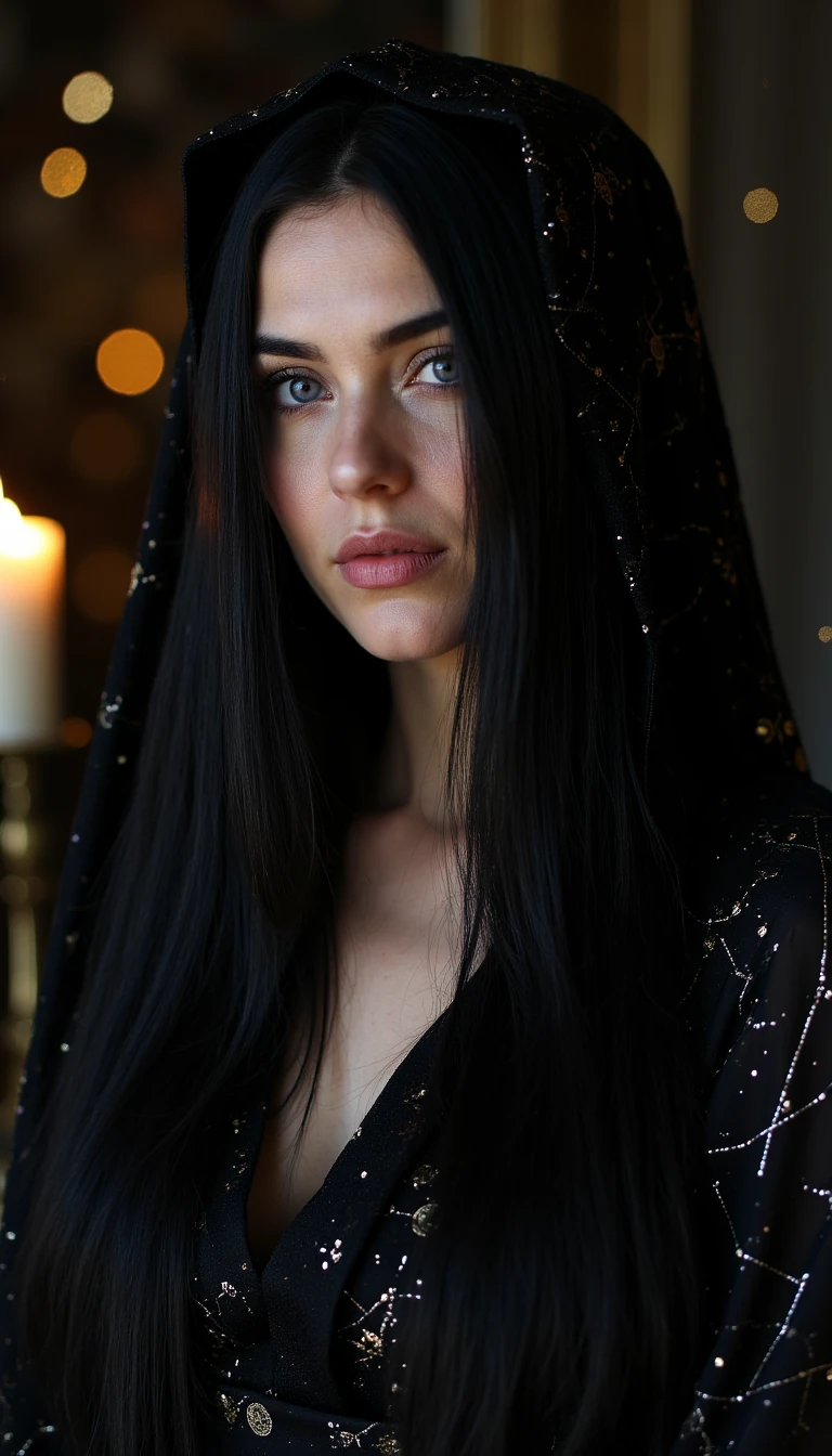 A mesmerizing female oracle with timeless, ageless beauty. Porcelain skin with a faint pearlescent glow, as if lit from within. Long, straight jet-black hair with hints of midnight blue under the light. Eyes are deep violet with a subtle ring of gold around the pupil, hypnotic and knowing. Facial features are sharp yet soft — high cheekbones, delicate nose, and full lips in a muted rose tone. Wearing a dark, flowing silk gown with subtle metallic threads forming constellations and sacred symbols. A hood or sheer veil may partially frame her face for mystery. Background is a dim, candlelit space with floating golden particles or soft cosmic mist. Her presence feels ancient yet modern, powerful yet serene.