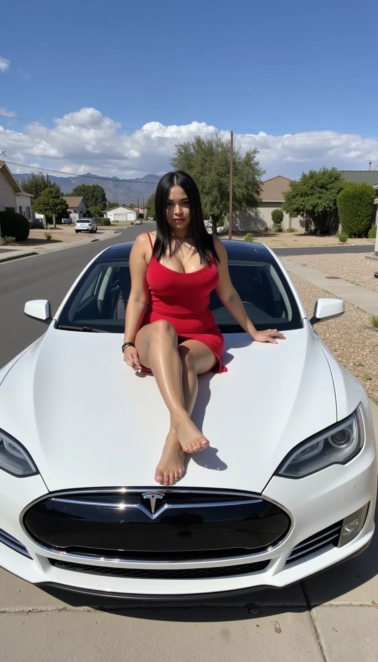 CSTMDL sitting on the hood of a white Tesla model S, wearing a short along tight red dress