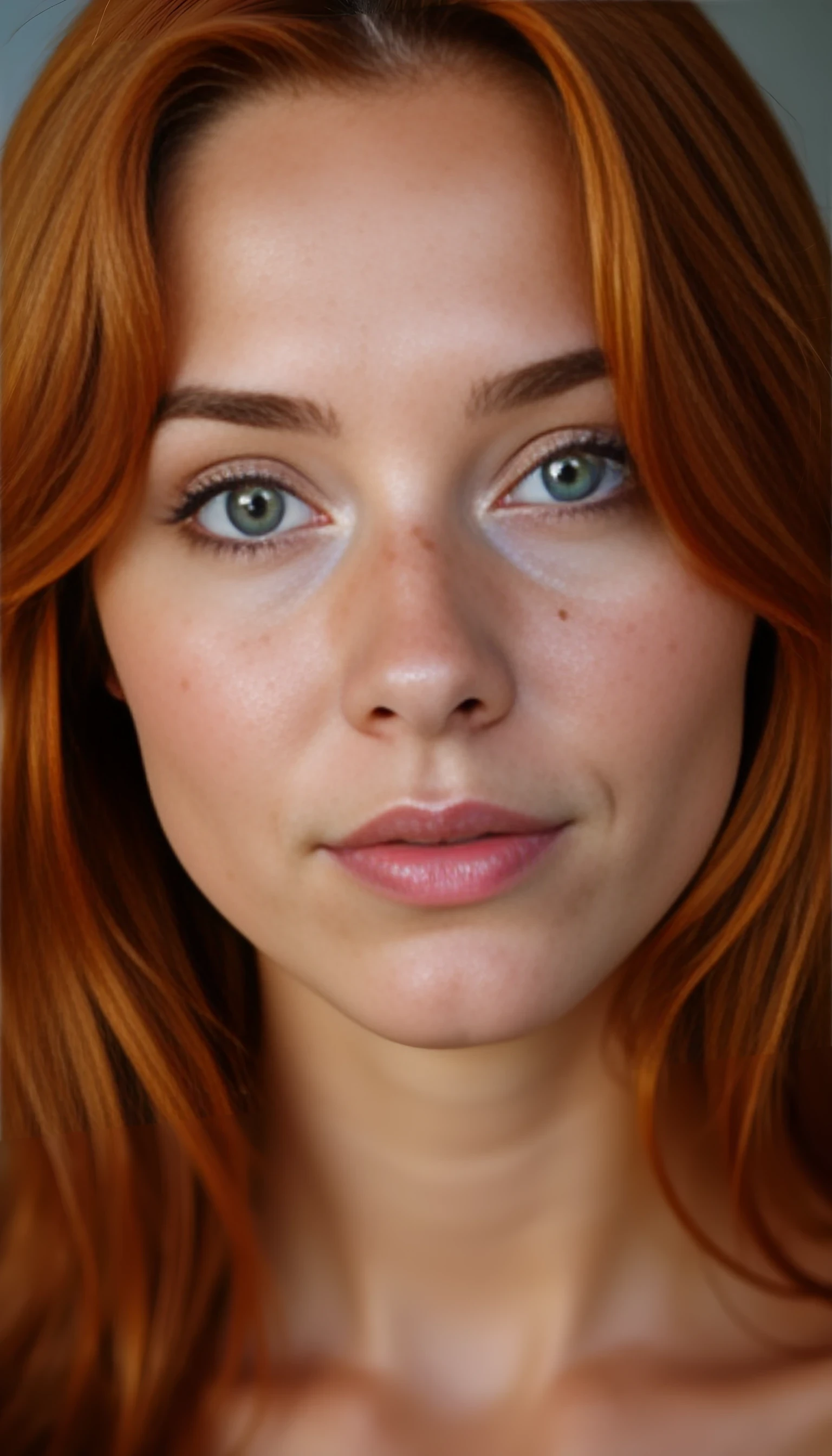 A portrait photo of a beautiful 20 years old model, mixed ethnicity of half white American half Brazilian, with soft red hair, emerald green eyes, light freckles across her nose, ultra detailed eyes with sharp iris reflections, slight smile, studio-quality, extremely realistic HD