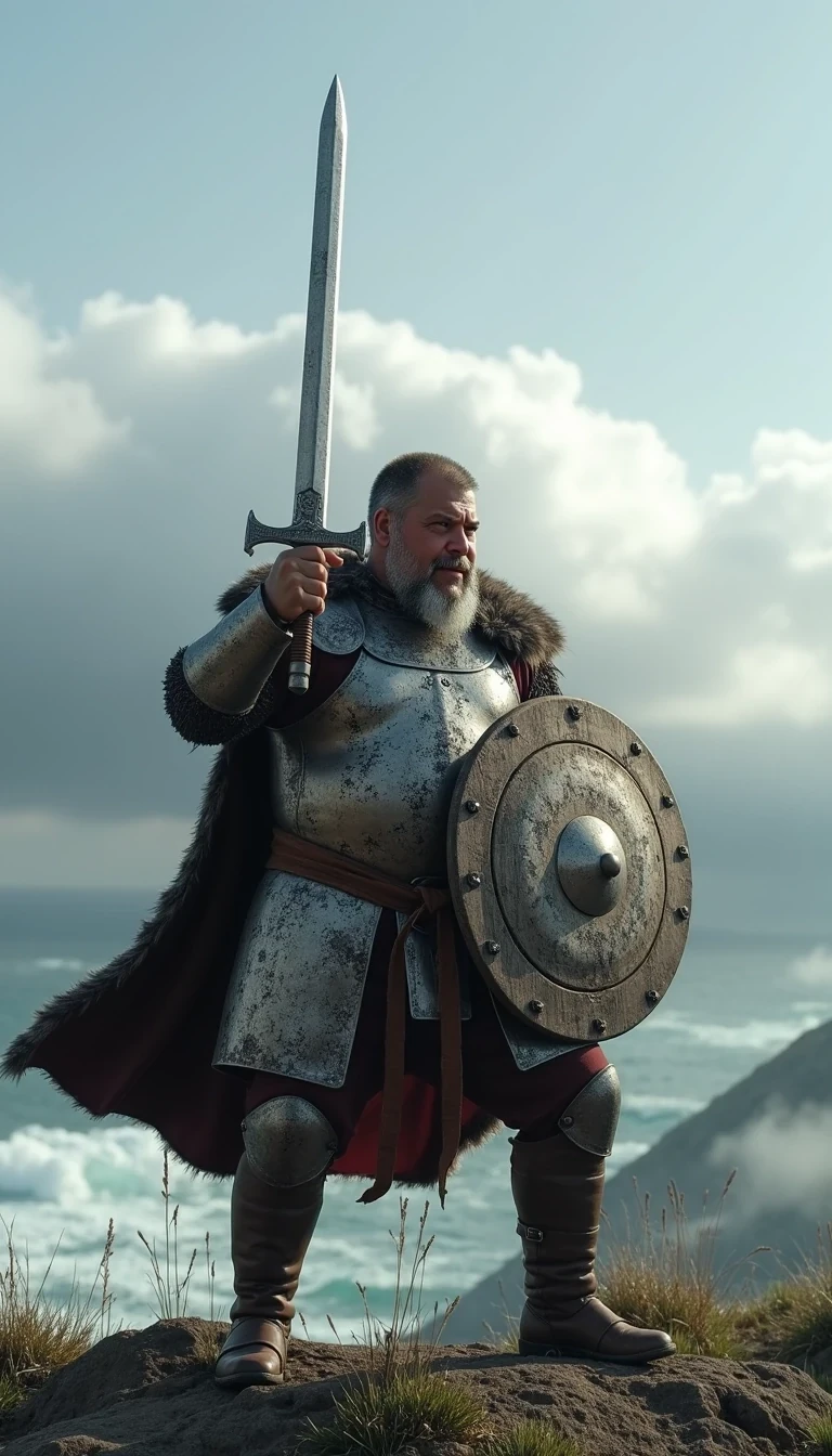 CSTMDL as grey bearded Viking with a viking sword and stylish viking silver shiny Plate armour , standing in warpose on the windy cliff and hold the viking sword high in the sky with the left hand, he cry loud out , in his right hand he hold a typically used wooden Viking shield
