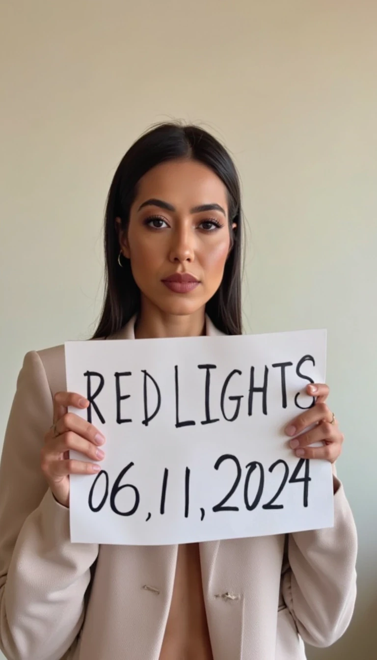 photo of woman CSTMDL, woman holds a sign with handwritten text. She is wearing long sleeves and has neutral makeup. The sign reads "REDLIGHTS" followed by "06/11/2024" in a simple script. The background is a plain, light-colored wall