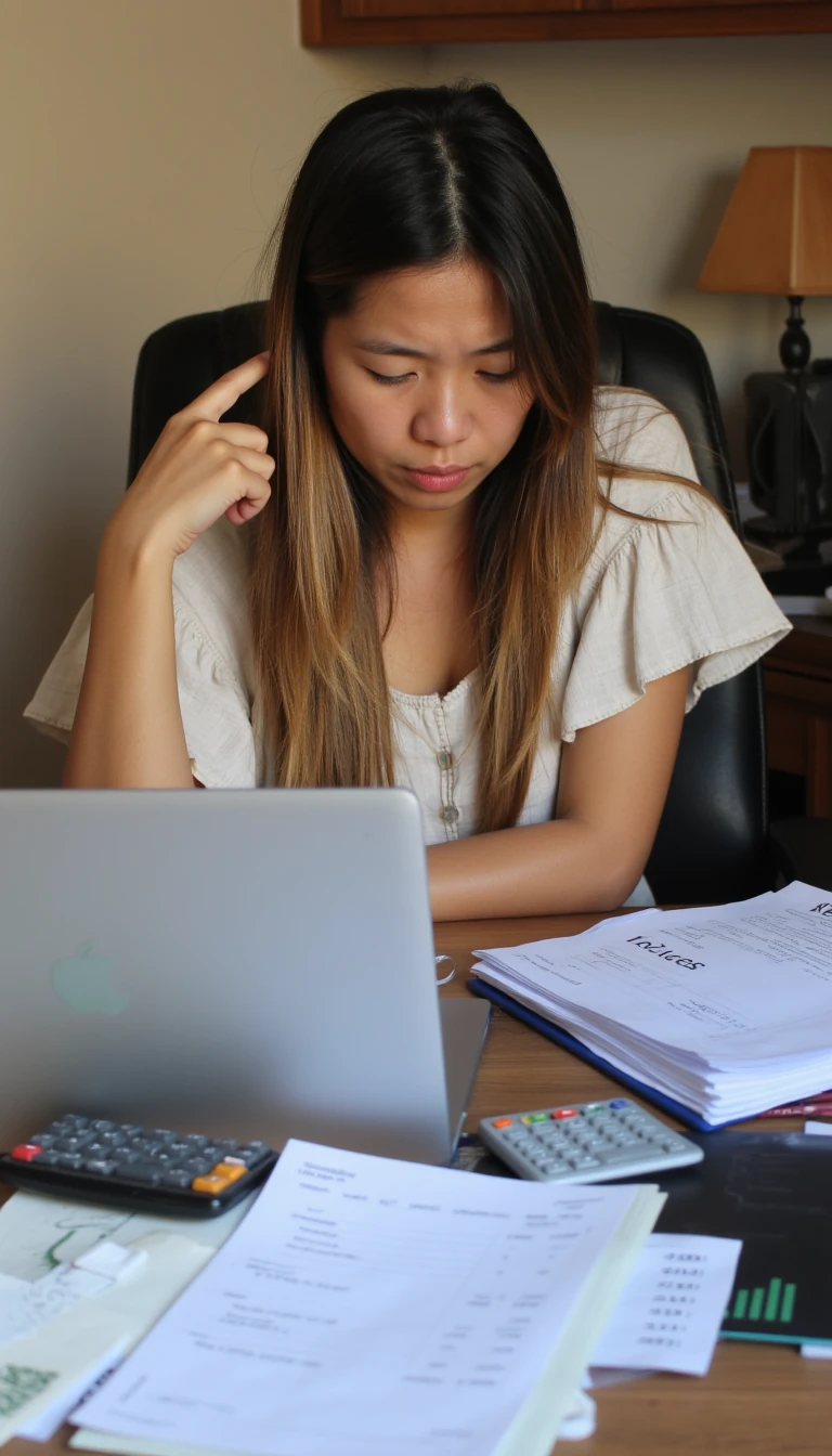 Photo of Sarah, 25-year-old Asian American woman, petite/toned, golden-beige skin, long straight hair (dark roots → golden-blonde). She sits at a messy home-office desk, tired and frustrated with bookkeeping: receipts, invoices, folders, calculator, laptop (generic dashboard). Eye-level medium shot, soft late-afternoon light, shallow depth of field, realistic.
