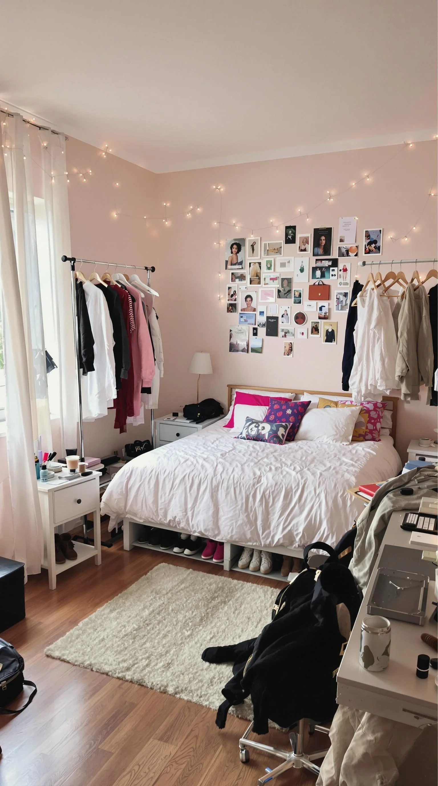 Slightly untidy bedroom belonging to an 18-year-old girl in the U.S., viewed from a natural, low eye-level angle — approximately at waist or belly-button height. The room is softly lit with natural daylight coming through sheer curtains. A full-size bed sits against a pastel-toned wall, dressed in a white duvet with a few colorful throw pillows and a casually tossed blanket. The wall above the bed features a collage of magazine clippings, Polaroids, and fairy lights, giving the space a personal and expressive feel. One side of the room features a clear, open area with neatly kept hardwood or carpeted flooring, next to a clothing rack displaying curated outfits and shoes organized beneath it. A small nightstand holds a lamp, an iced coffee cup, a phone charger, and scattered makeup items. In another corner, a desk or vanity is slightly cluttered with notebooks, skincare products, a hairbrush, and jewelry. A hoodie is slung over a desk chair, and an open tote bag or backpack lies on the floor with a few papers peeking out. The overall room feels warm, creative, lived-in, and expressive — a space meant for both comfort and personal style. The composition suggests both functionality and personality, with an open layout that allows for natural movement and presence in the center of the room.