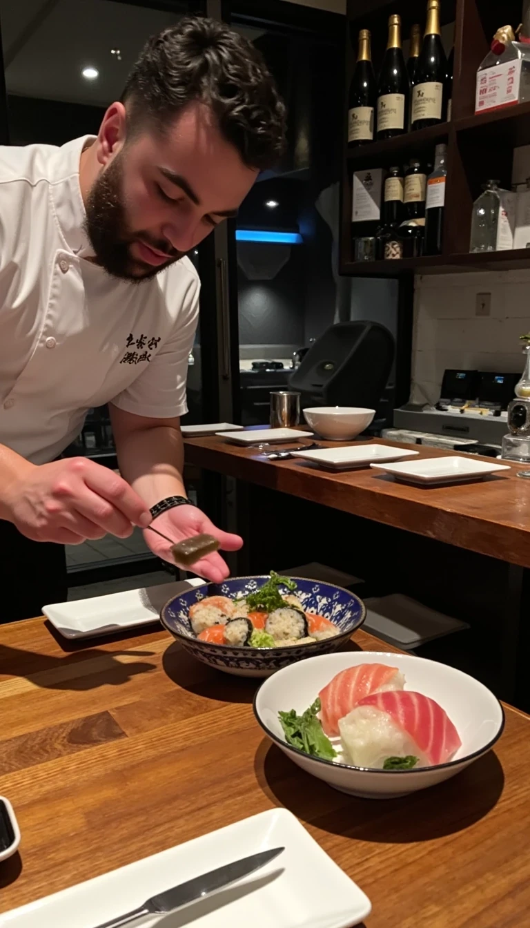 photo of man CSTMDL, on the floor, begging to eat sushi from a sushi chef, at a high end sushi restaurant