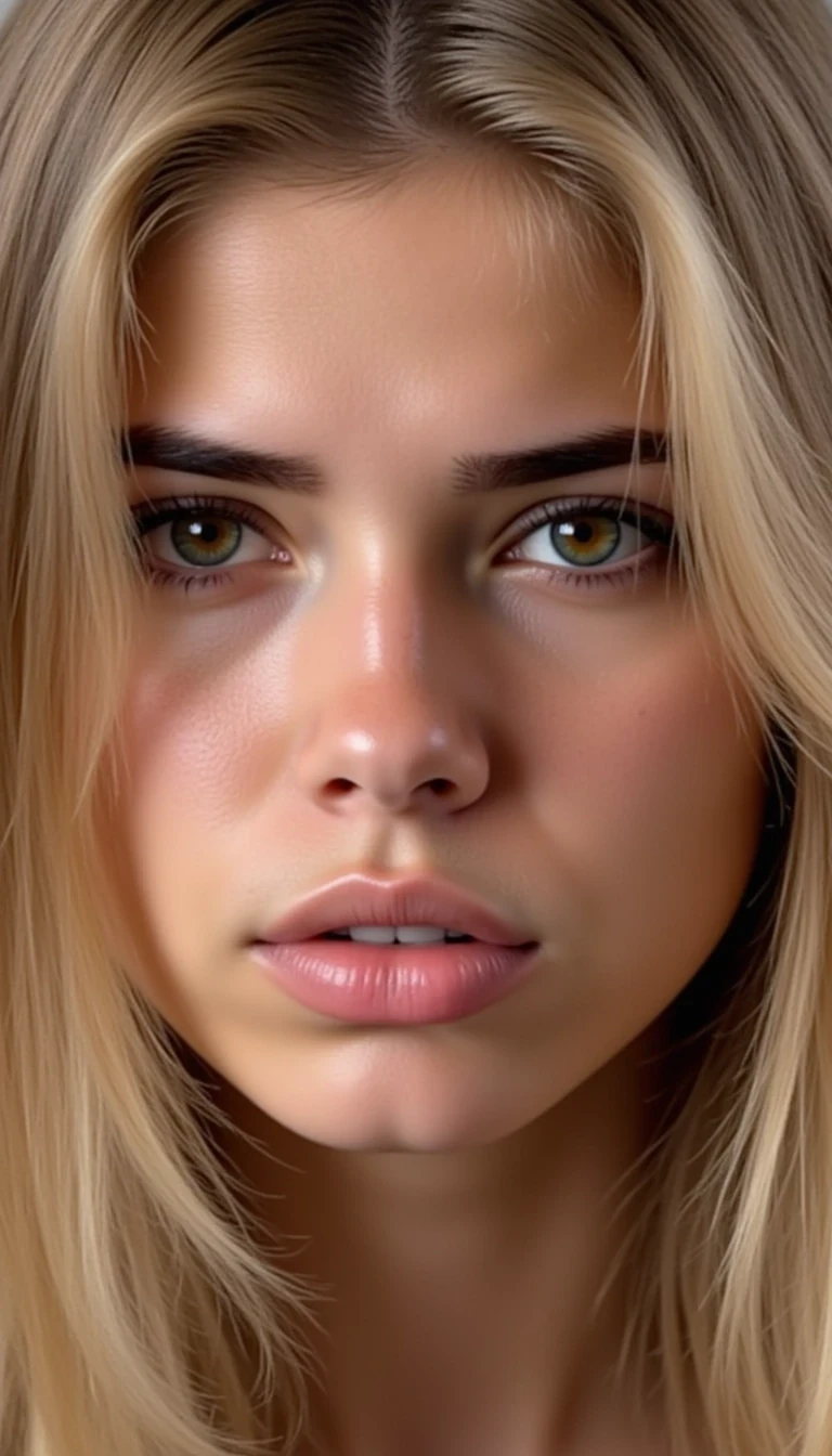 random photo from above the face, strictly follow facial features and be extremely strict on every detail of the face. Woman is biting her bottom lip and looking up at the camera with a seductive expression 



