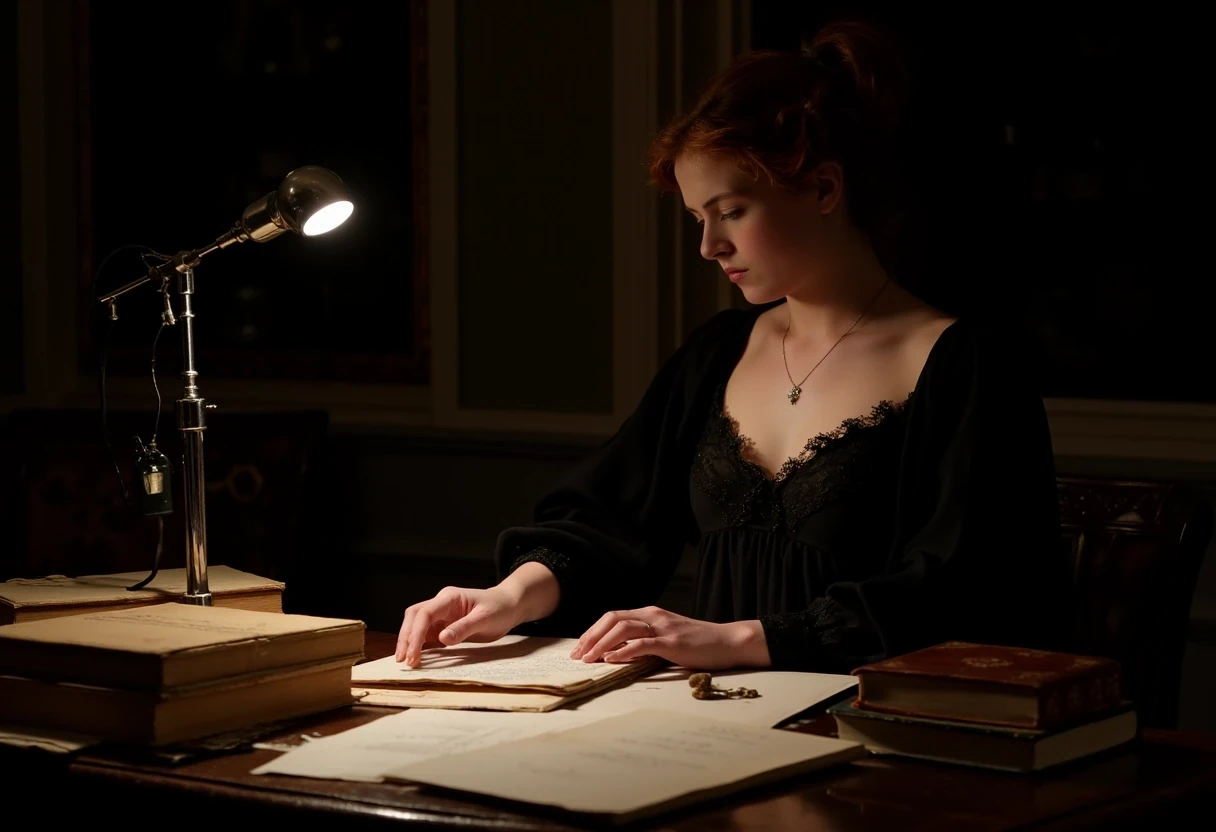 photo of woman CSTMDL, brunette, small pendant, hair tied, blue eyes, black night dress, working late night at her desk. The room is dark, the only light is a Gallé art nouveau desk lamp.
She’s surrounded by old books and sheets of paper she worked on.
She’s surrounded by her works in a beautiful art nouveau room