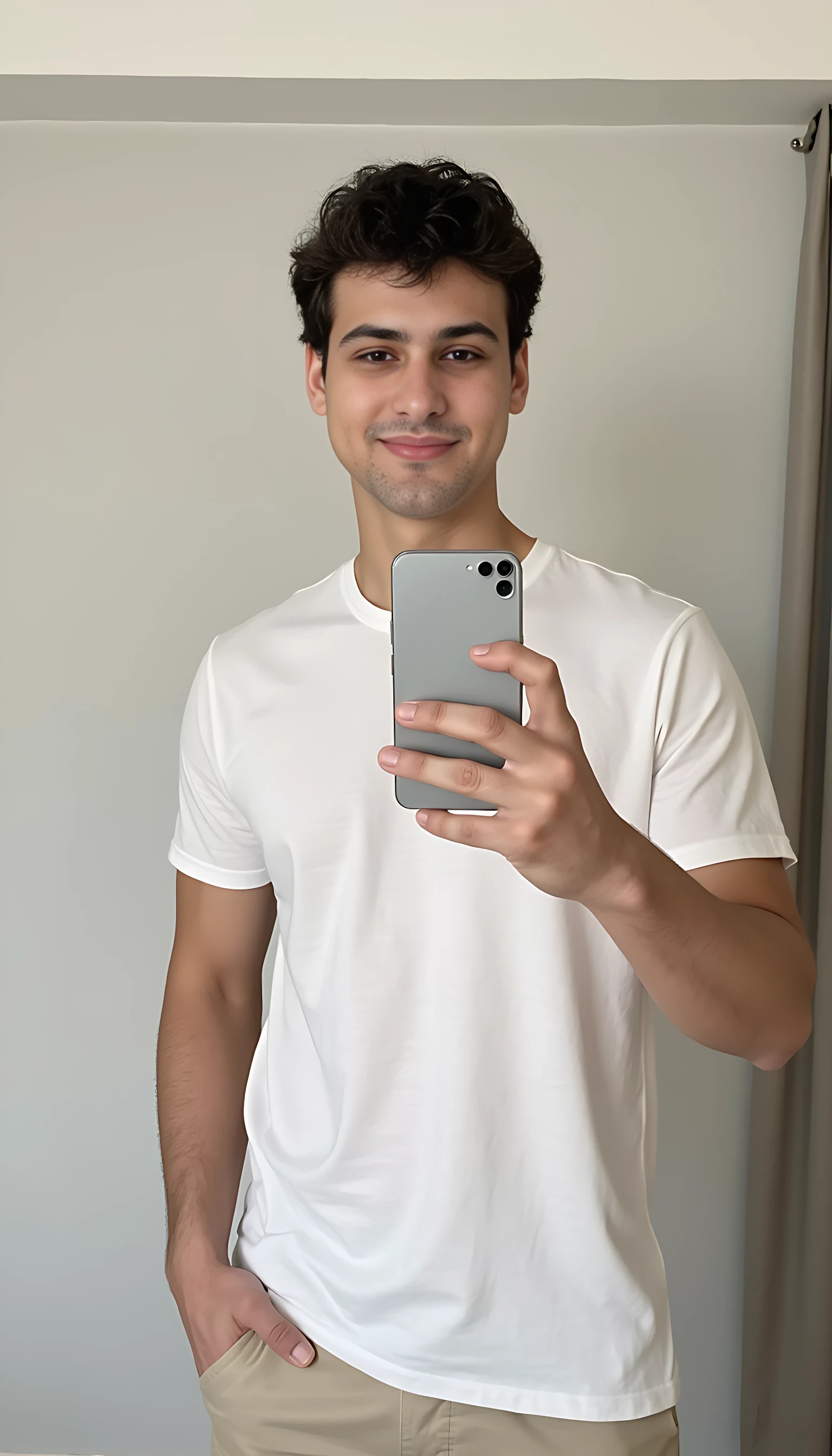 CSTMDL handsome 20 year old man smiling A casual mirror selfie of a young man in a minimal bedroom, wearing a white T-shirt and beige pants. Holding the phone naturally in one hand, relaxed expression, slight lean toward the mirror. Clean modern background, soft daylight. Hyper-realistic with detailed facial features preserved.

