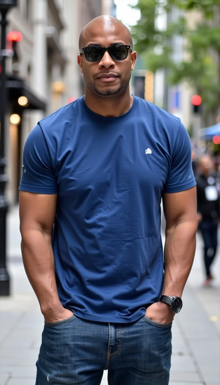 iPhone Photorealistic Full body image. make him more realistic and similar. Tech CEO, He is wearing a blue t shirt, jeans and modern Ray-Ban sunglasses. Slim but muscular build. He is facing the camera directly, as if the paparazzi is shooting him while he is out in public.He looks like a confident stud, CSTMDL, Face of Carter and bald head