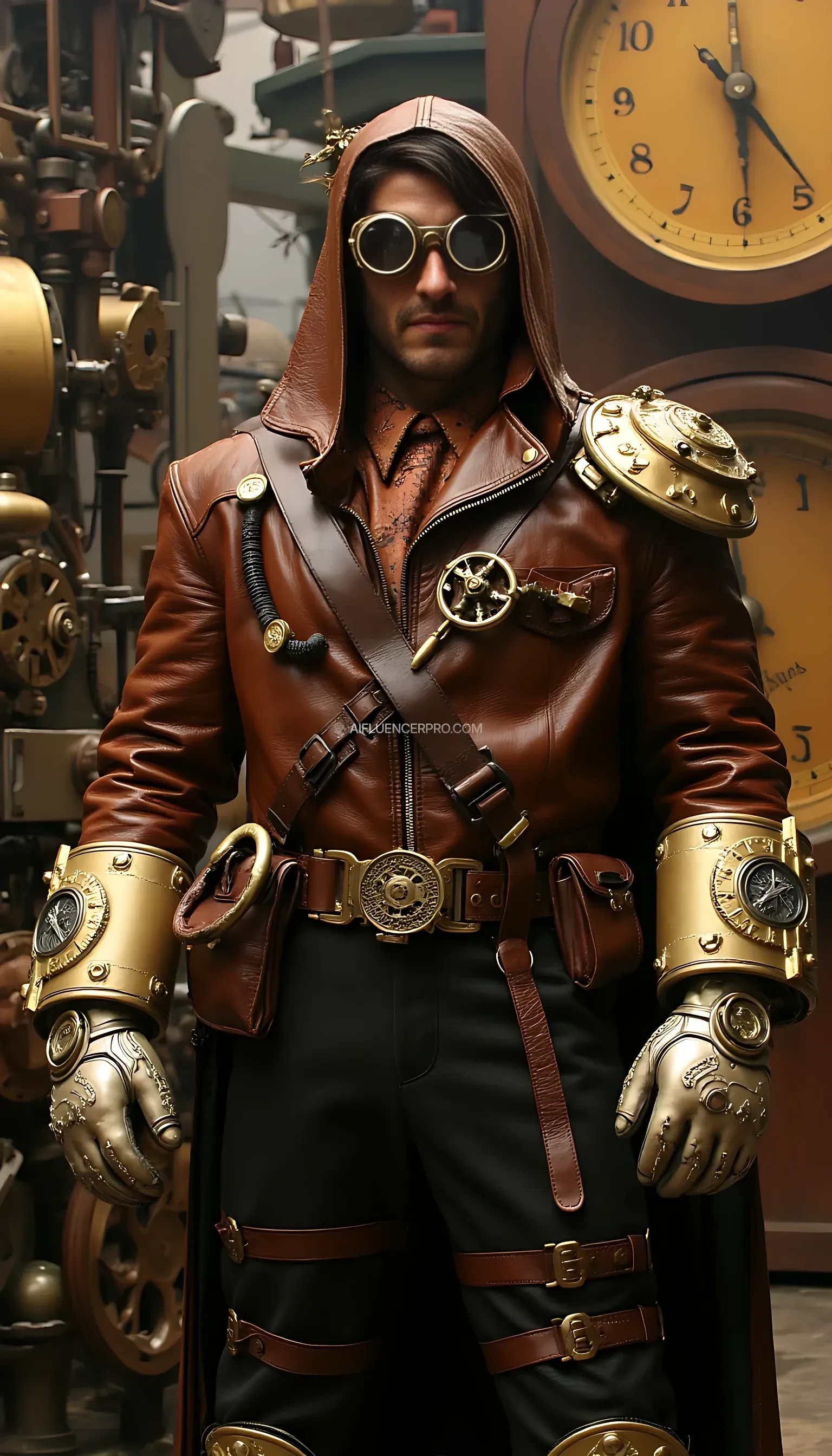 A steampunk-themed superhero with a 19th-century explorer style costume. Wearing a brown leather jacket adorned with golden gear details, goggles with metallic lenses, and oversized mechanical gloves. The background features a steampunk laboratory with giant steam engines and spinning antique clocks. Classic style with intricate mechanical details