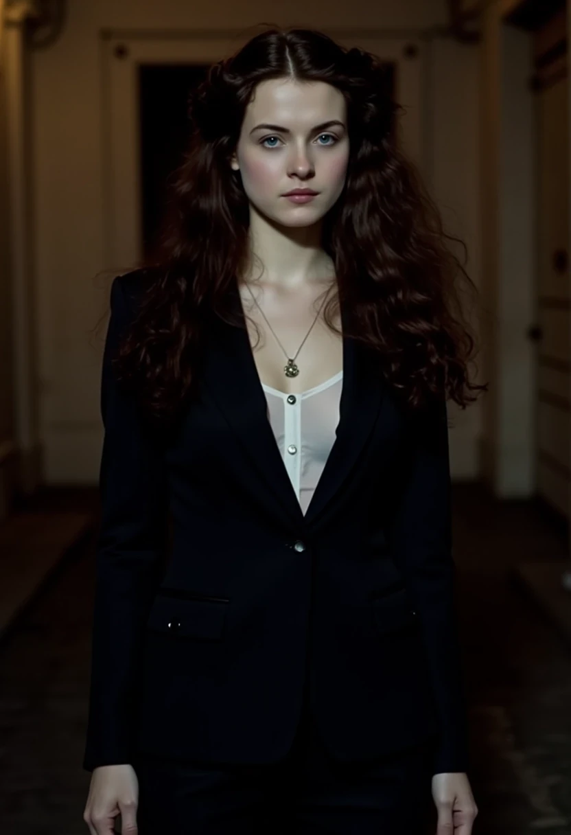 Woman CSTMDL, brunette, blue eyes, her hair are loose, she’s beautiful with a cold smile, wearing a tailored haute couture set, black blazer and skirt, elegant and modern, but very (sexy). She also wears a white shirt under the blazer. Her clothes molds her sculptural body. Her expression is haughty and contemptuous. She looks like someone cold and unfriendly. Her skin tone is very white, (pallid), almost cadaveric. She’s wearing a small pendant. She walks with grace, like a fashion model. The background is a small deserted Parisian alley by (night). The light is very low, making the scene a bit worrying and frightening.