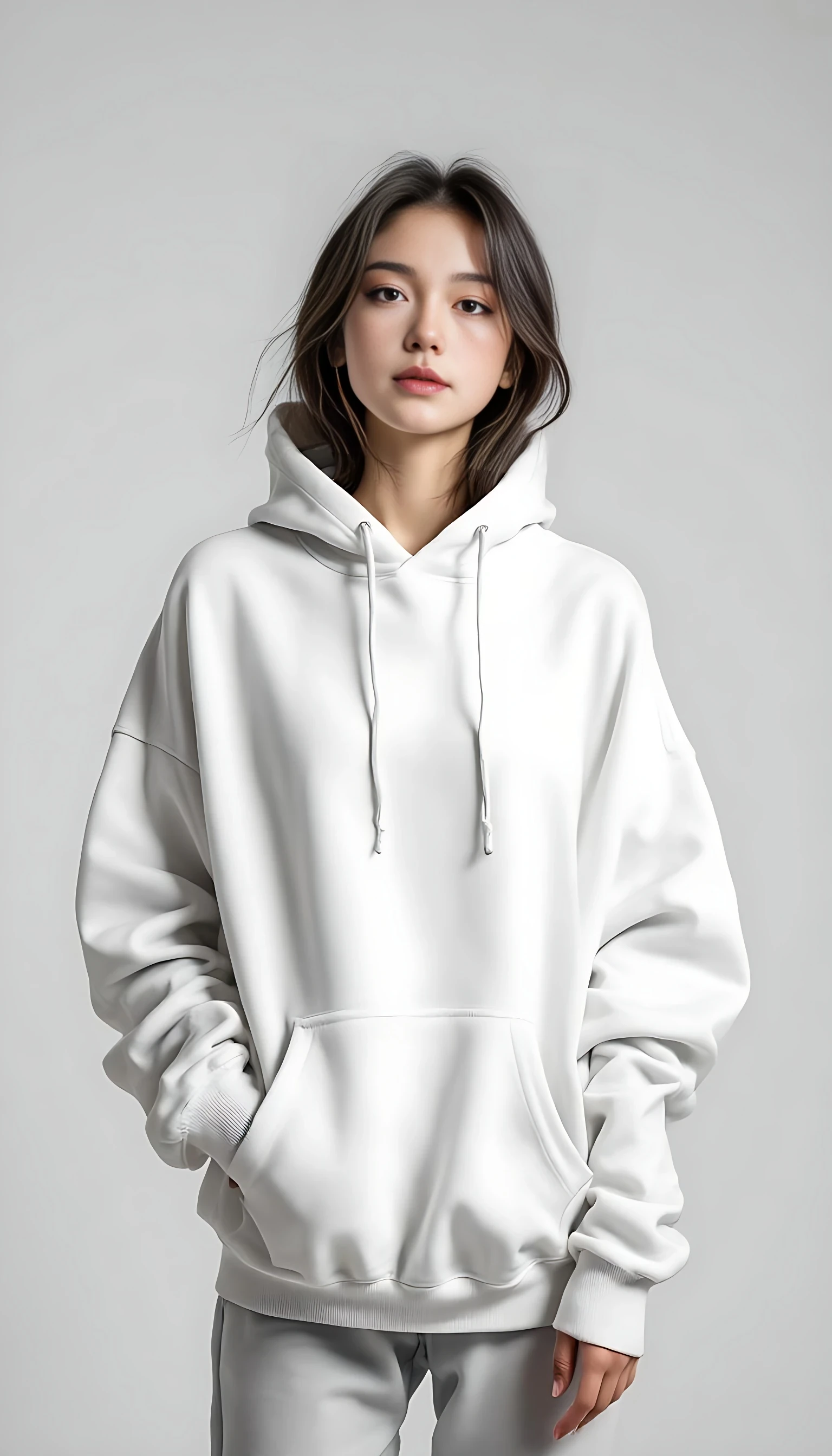 Studio shot of a young woman wearing a white oversized hoodie, standing with one hand in pocket, head slightly tilted, full-body clean backdrop in soft grey, influencer-style aesthetic.



negative prompt:  blurry, low resolution, low quality, distorted face, extra limbs, extra fingers, missing fingers, deformed hands, unnatural skin texture, overexposed, underexposed, bad anatomy, disfigured, mutated, duplicate face, fused limbs, exaggerated features, unrealistic eyes, anime style, cartoon, doll-like, glitch, watermark, text, logo, grain, noisy background, jpeg artifacts, lens distortion, fisheye,deformed hands, extra fingers, missing fingers, double face, bad anatomy, blurry face, disfigured, bad proportions, low quality, artifact, mutated limbs, asymmetrical eyes, face distortion, incorrect lighting, extra limbs
