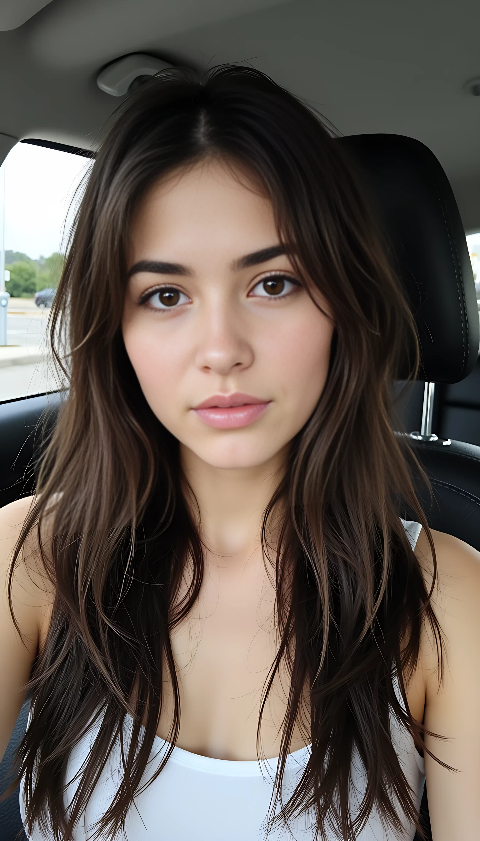 photo of cute woman CSTMDL in a car, long layered dark brown hair past her shoulders, hyperrealistic details like skin moisture, texture and peach fuzz, sweet smile