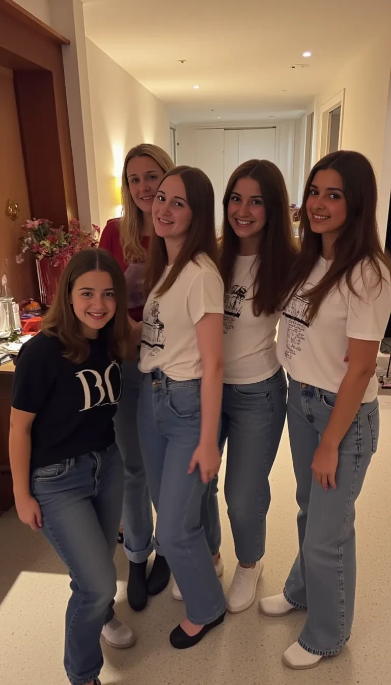 boring low quality snapchat photo circa 2015, At a house party with 5 other looking Young girls. Group photo. House furnishings European . All in t-shirts and jeans. 