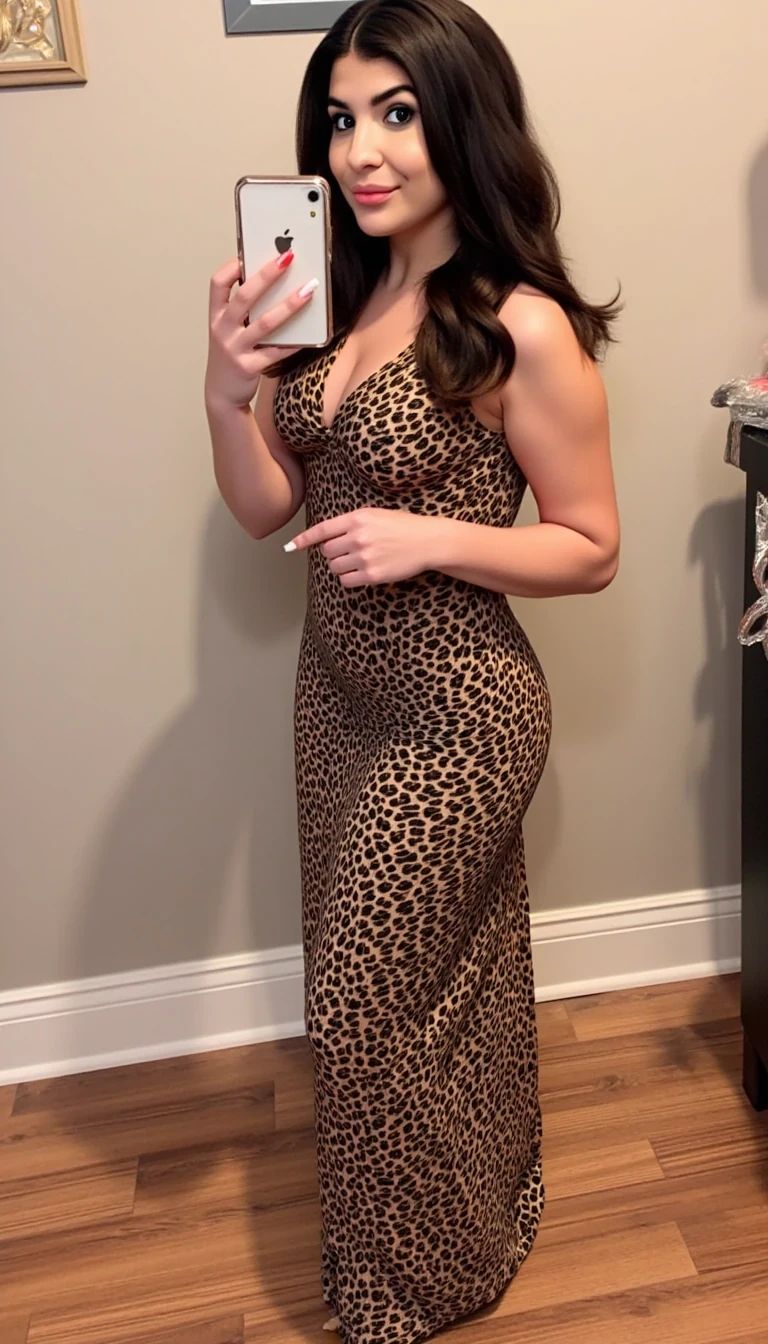 photo of woman CSTMDL with massive boobs, she should have a body like ava addams, she should be posing seductively on a brightly lit porn photoshoot, she should be a pornstar, she should be wearing a leopard print maxi dress,full body pics, score_8,score_9