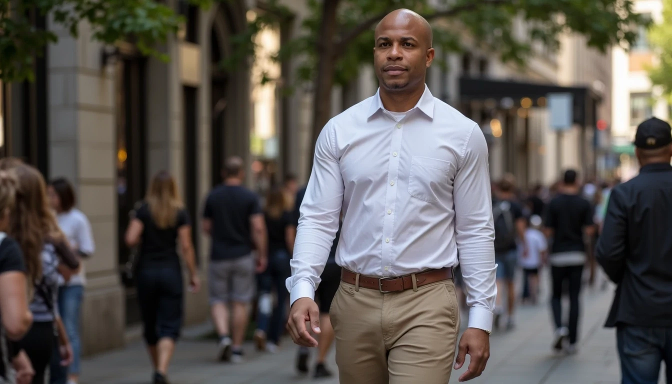 iPhone Photorealistic Full body image. make him more realistic and similar. Tech CEO, He is wearing a collared white shirt and sport coat , tan khakis. Slim but muscular build. He is walking away and looking away from a crowd. He looks like a confident stud, CSTMDL, Face of Carter and bald head