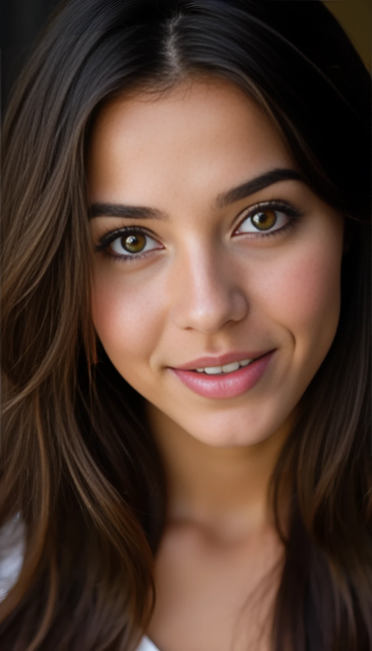 A portrait photo of a beautiful 20 years old model, mixed ethnicity of half white American half Brazilian, with silky brunette hair, amber brown eyes, ultra detailed eyes with sharp iris reflections, slight smile, studio-quality, extremely realistic HD