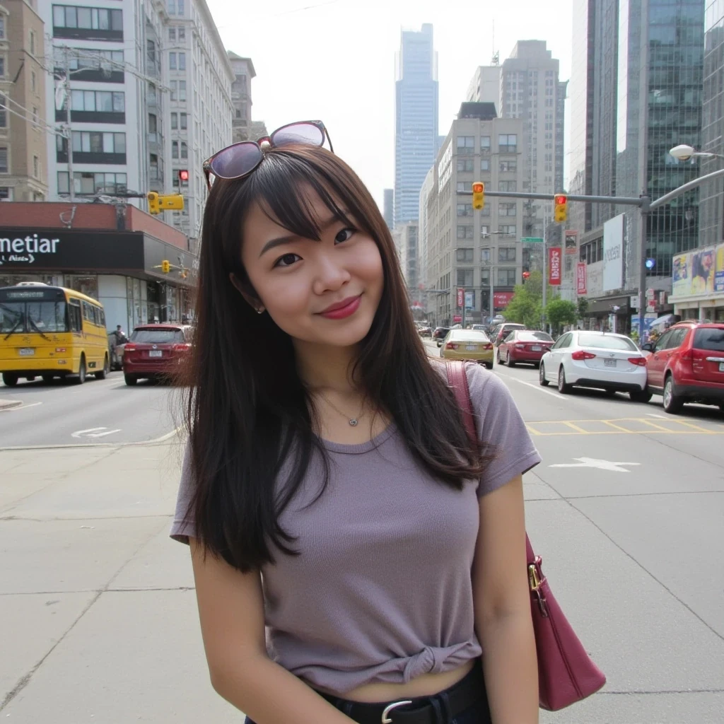 boring low quality snapchat photo circa 2015, asian, cute, dark brown hair, cute outfit, city background