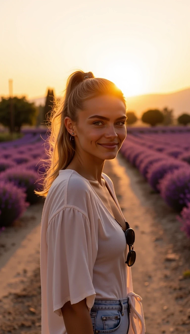CSTMDL Mia. A fair-skinned young woman in her 20s with a blonde high ponytail and an athletic, feminine build. She walks slowly along a dusty country path at sunset in the Tuscan countryside. On both sides of the path, vibrant lavender fields in full bloom stretch into the distance, glowing purple in the golden light. A pair of black sunglasses rests casually in her hair. She wears a loose, open, summery blouse that moves gently in the breeze. She looks toward the camera with a soft, genuine smile. The atmosphere is warm, romantic, and serene, filled with the colors of sunset and lavender.