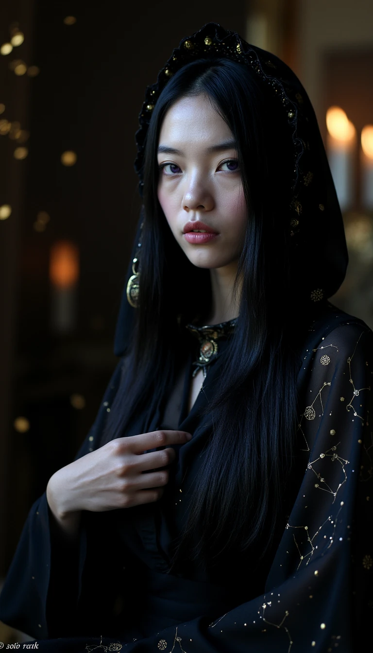 A mesmerizing female oracle with timeless, ageless beauty. Porcelain skin with a faint pearlescent glow, as if lit from within. Long, straight jet-black hair with hints of midnight blue under the light. Eyes are deep violet with a subtle ring of gold around the pupil, hypnotic and knowing. Facial features are sharp yet soft — high cheekbones, delicate nose, and full lips in a muted rose tone. Wearing a dark, flowing silk gown with subtle metallic threads forming constellations and sacred symbols. A hood or sheer veil may partially frame her face for mystery. Background is a dim, candlelit space with floating golden particles or soft cosmic mist. Her presence feels ancient yet modern, powerful yet serene.