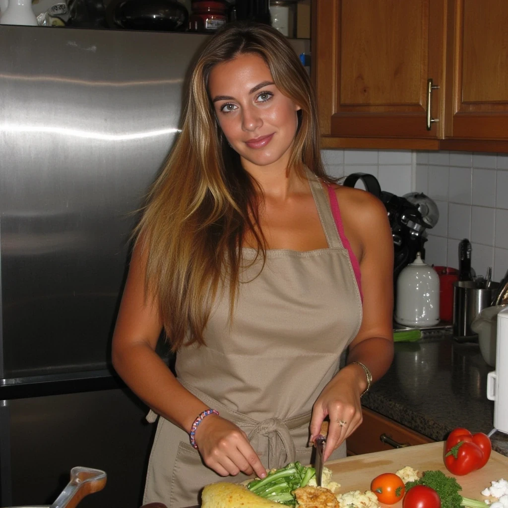 boring low quality snapshot, low-quality picture, realistic, age 22, tanned skin, clear face, long hair brown with blonde highlights, huge breasts, light green eyes, round ass, fit and proportionate figure, 5'4" tall, cooking food, with apron on