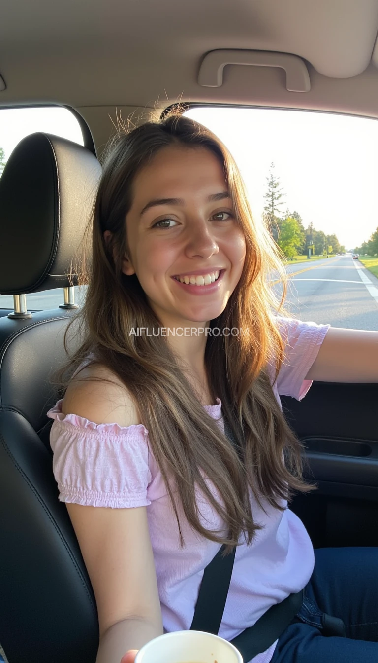 boring low quality snapchat photo circa 2015, A young woman with a warm smile, sitting in the driver's seat of a cozy car. She has soft, wavy brown hair cascading past her shoulders. The sunlight streams through the window, casting a gentle glow on her face. The interior of the car is neat and comfortable, with a coffee cup in the cup holder and a small plant on the dashboard. The background outside the window shows a scenic road lined with trees and blue skills showing her tits