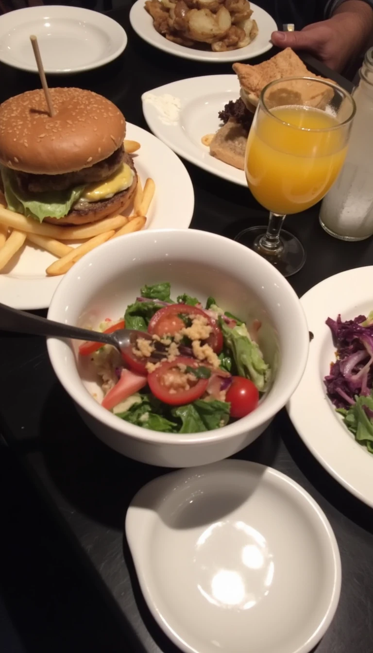 boring low quality snapchat photo circa 2015, this picture is being taken in a restaurant. The picture is of a Burger and fries in on one plate and a bowl of ceaser salad next to it. There are other food dishes and drink glasses on the table as well. The food is in white dishes on a black table. 