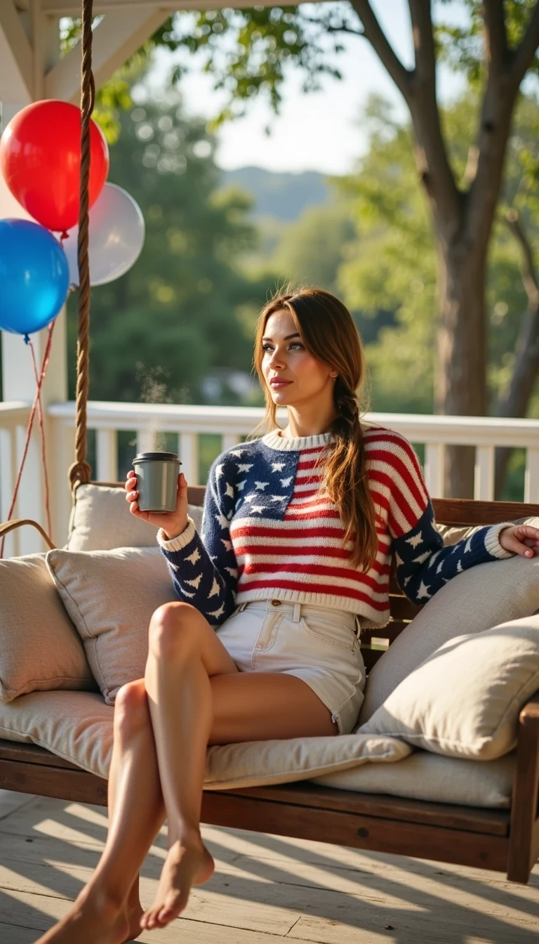 CSTMDL, brown with braid, lounging outside on a big porch swing decorated with soft pillows, early morning sunlight spilling across her. She’s wearing a cropped USA flag sweater that hangs off one shoulder, tiny white shorts that ride up slightly, barefoot with legs tucked up. A steaming coffee mug rests in her hand, a red, white, and blue balloon tied to the swing. Natural daylight, cozy but sexy holiday morning vibe, bad camera quality 