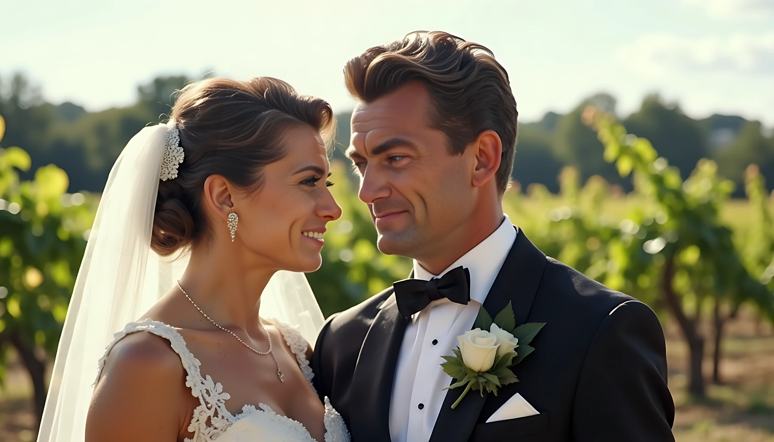 8K ultra detailed photography. The photo is a wedding photography of a 25 years old man CSTMDL, and is beautiful french brunette girl. Scene is in 2002. He's smiling, short black hair. He wears a wedding tuxedo. Scene is set in the middle of a wineyard