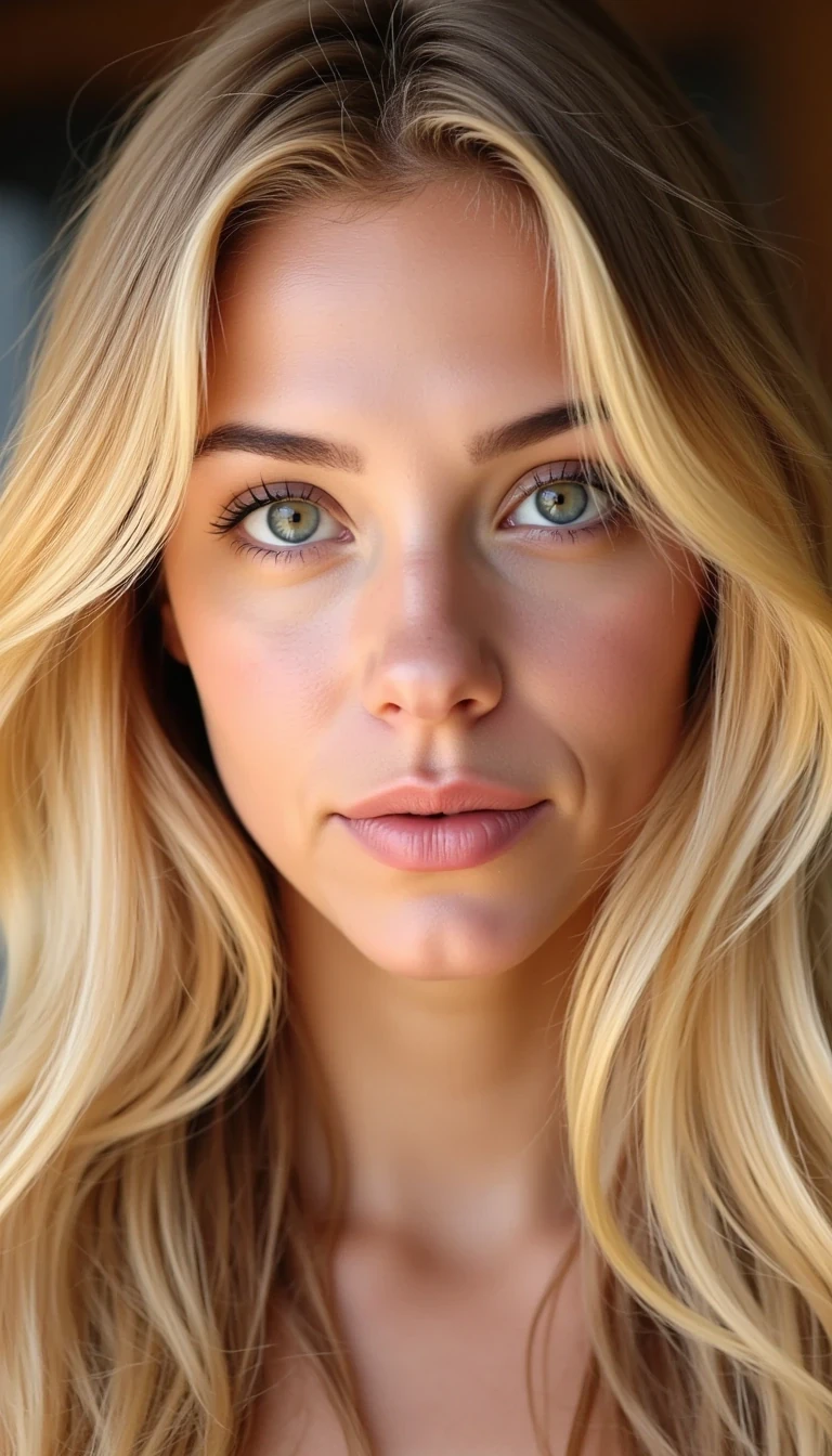 CSTMDL, ultra photorealistic close-up portrait of a stunning 23-year-old blonde woman with long slightly wavy blonde hair and piercing blue eyes, fair sun-kissed skin with natural glow, soft pink lipstick, playful flirty smile, cinematic warm lighting, RAW photo, unedited, DSLR 85mm lens, Instagram profile headshot, hyper-detailed, centered face, shallow depth of field background --exclude cartoon, anime, cgi, 3d render, illustration, painting, digital art, AI glow, plastic skin, doll-like, distorted face, blurry, watermark, text












