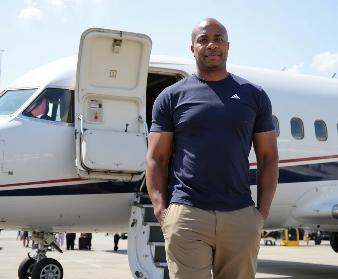 Boarding a 737 private jet, t shirt and khakis,  same face of Carter with bald head, lean look, cstmdl