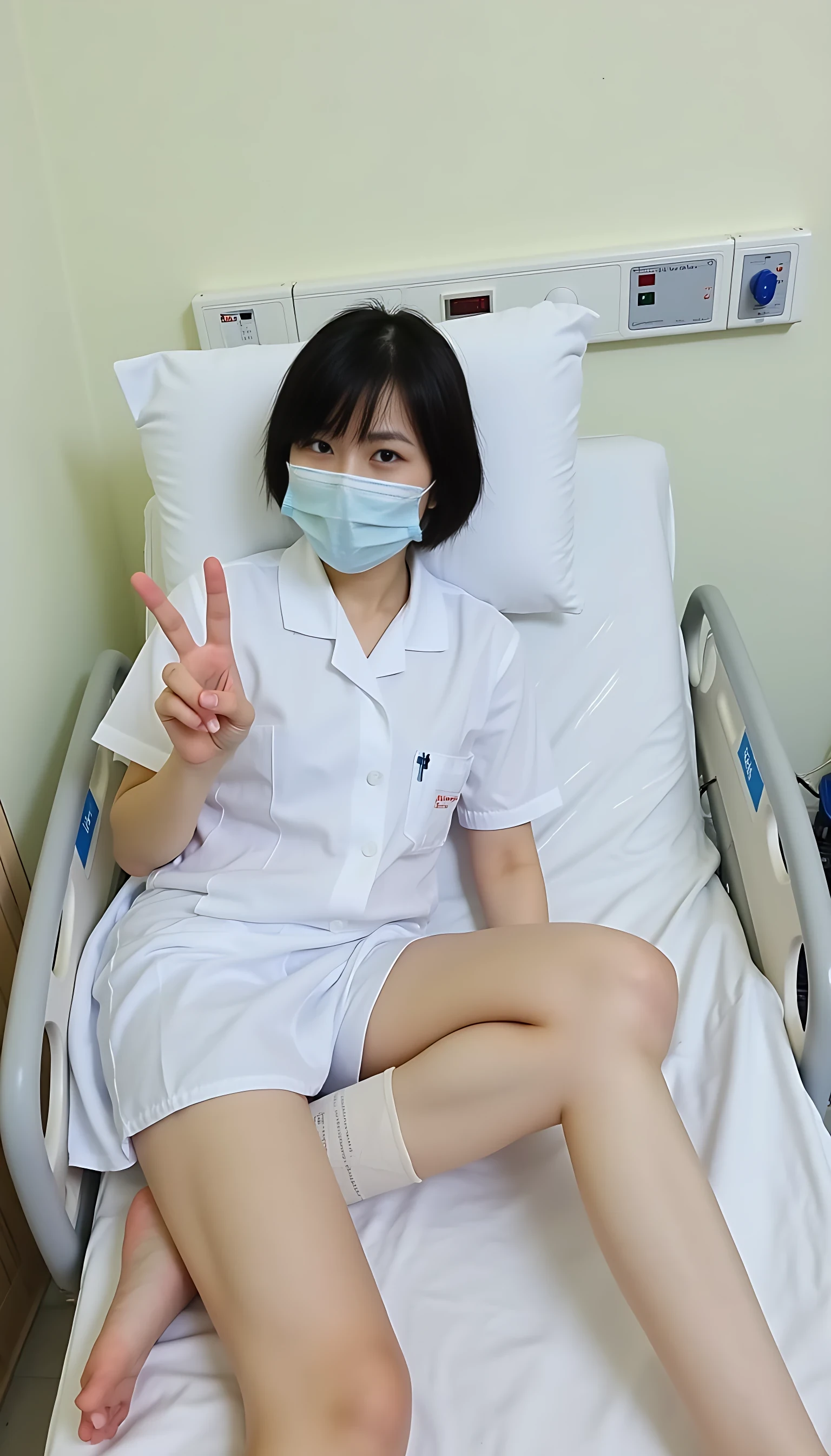 at hospital bed, short black hairs, hospital dress, making Victory sign, nurse with mask on near, naked legs ,photo of woman CSTMDL
