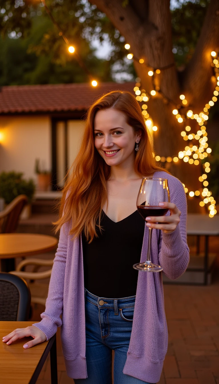 A full body shot photo of a woman standing outdoors at a cozy, warmly lit patio in the evening, with soft, glowing lights wrapped around a tree behind them creating a charming atmosphere. The image is rich in detail, with warm tones and clear textures throughout. The woman has fair skin, a slim build, and long reddish-blonde hair, also worn loose. She is smiling warmly at the camera, holding a glass of red wine in her right hand, and wears a soft-textured lavender cardigan over a black top. The background features a large tree with sparkling string lights wrapped around its trunk and branches, adding a magical touch to the scene. The setting suggests a private outdoor seating area, with elements like terracotta-tiled roofing, greenery, and rattan chairs contributing to a serene, inviting vibe. The overall composition is balanced, with the woman framed against the softly glowing tree, and the lighting enhances the warm, intimate feel of a quiet evening shared among friends. The details are vivid, with textures of clothing, skin, and background elements clearly visible, while the warm lighting creates a relaxed and joyful mood