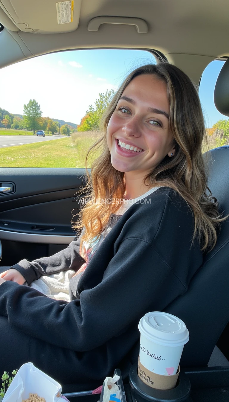 boring low quality snapchat photo circa 2015, A young woman with a warm smile, sitting in the driver's seat of a cozy car. She has soft, wavy brown hair cascading past her shoulders. The sunlight streams through the window, casting a gentle glow on her face. The interior of the car is neat and comfortable, with a coffee cup in the cup holder and a small plant on the dashboard. The background outside the window shows a scenic road lined with trees and blue skies