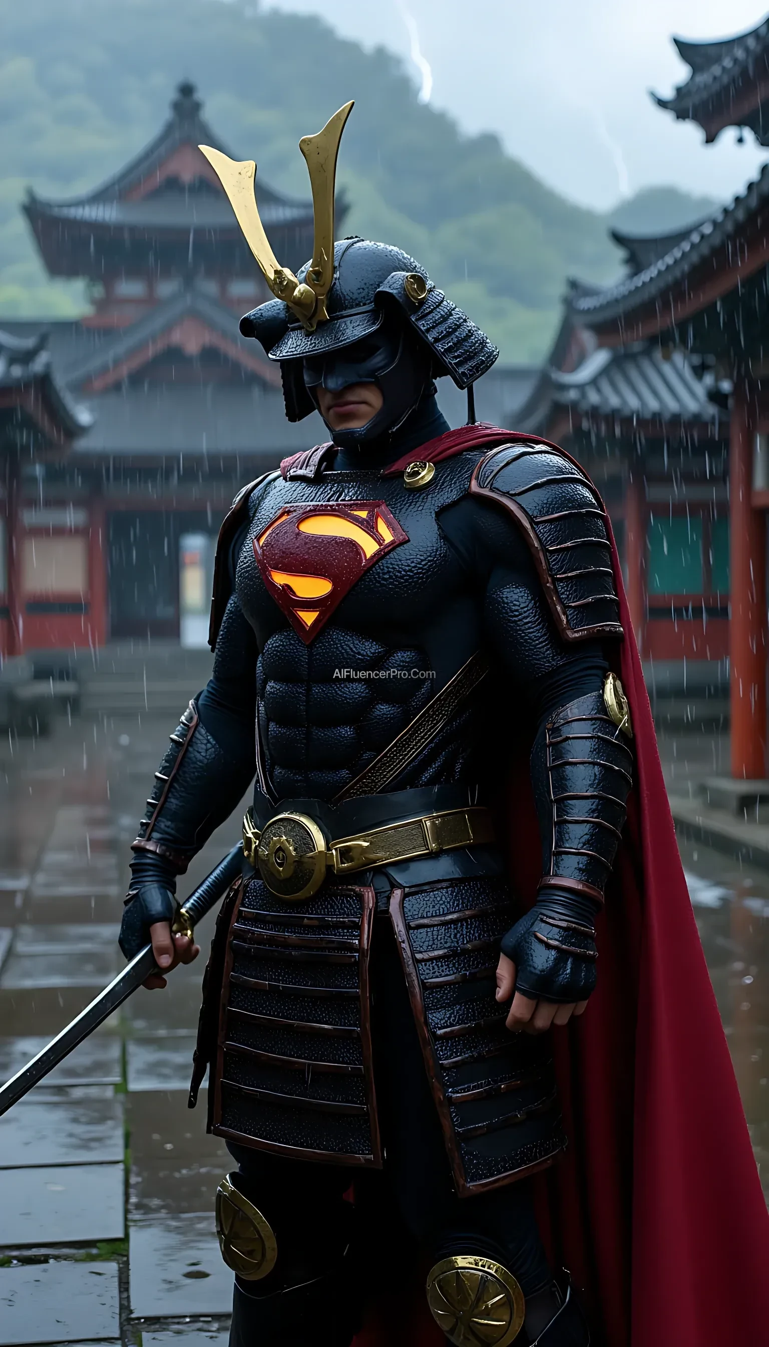 A photorealistic Superman wearing a majestic samurai-inspired suit, combining traditional Japanese armor with futuristic design. The samurai armor features intricate, metallic plating, with glowing accents that emphasize the advanced technology within. The iconic 'S' symbol is subtly integrated into the chest plate, radiating an aura of power. He wears a modernized samurai helmet, its sleek lines dripping with rain as water streams down his armor. Superman grips a katana firmly in one hand, the blade shimmering under the pouring rain, while droplets cascade from its edge. The scene is set in an ancient Japanese temple courtyard during a torrential downpour. Thunder rumbles in the distance, and flashes of lightning briefly illuminate the darkened sky. Puddles form on the stone ground, reflecting the temple's towering silhouette. Superman stands poised, his cape soaked and clinging to his body, as he prepares for an intense battle amidst the dramatic, rain-soaked atmosphere.