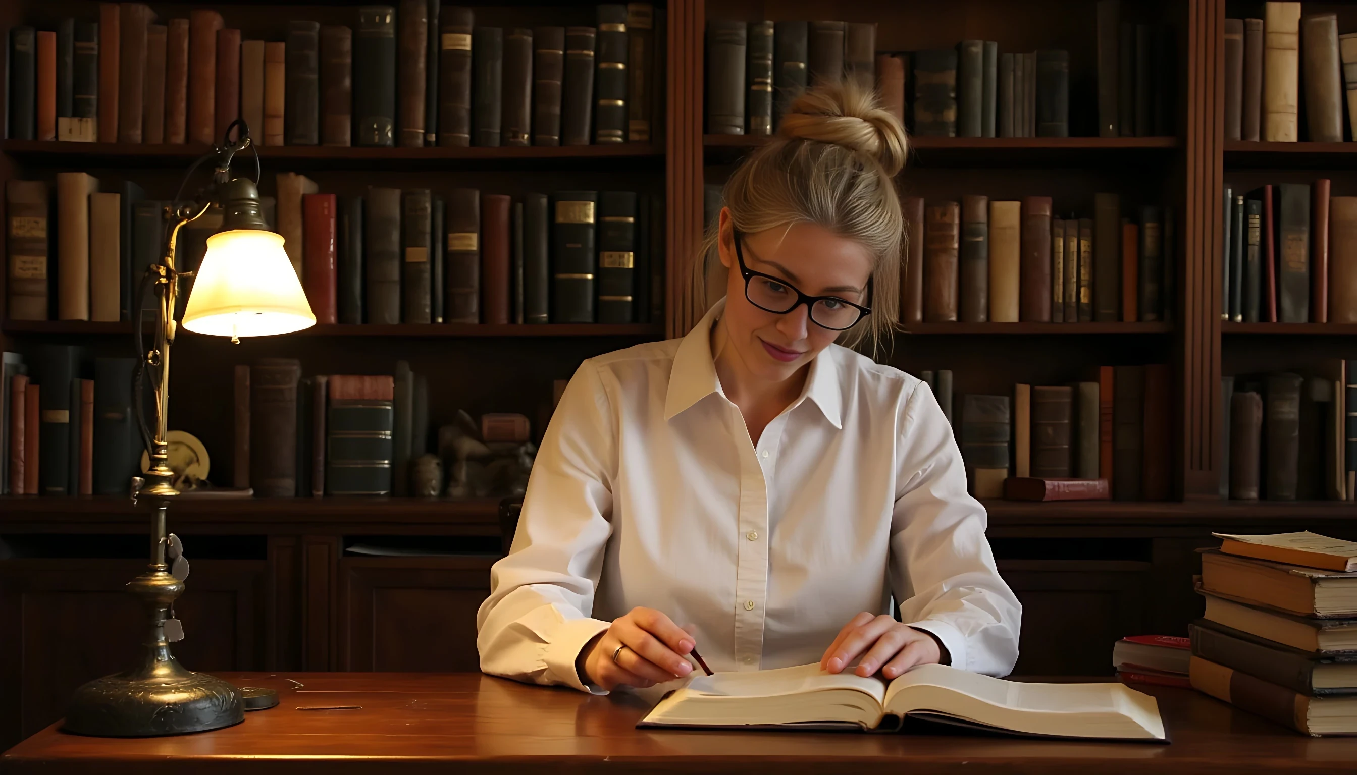 "Intelligent-looking blonde woman in a white button-up shirt and black glasses, hair in a bun, sitting at a wooden desk in an old library filled with antique books, reading a hardcover novel, warm ambient lighting from vintage desk lamps"