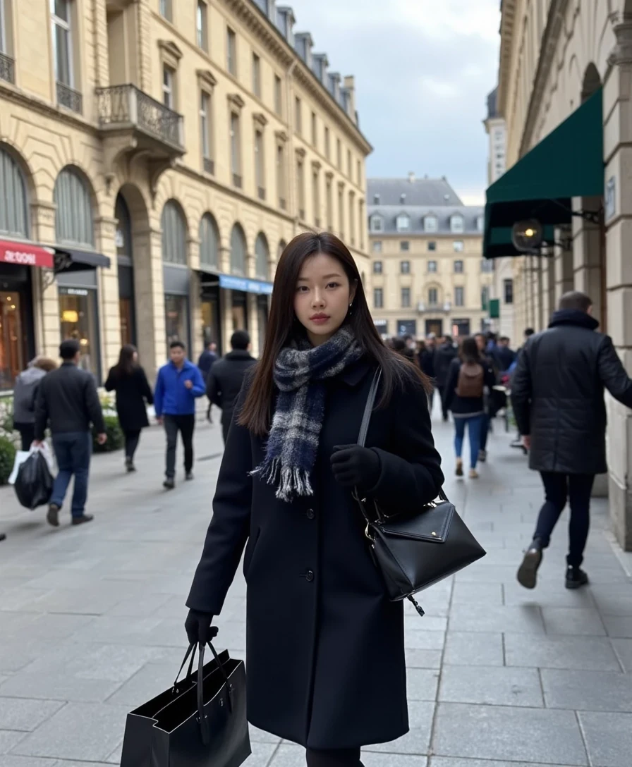 boring, medium shot on an iphone 16 pro. A young Korean woman walking down Avenue Montaigne in Paris, dressed warmly yet stylishly. cloudy weather, overcast cold weather. She wears a luxurious black coat, perhaps made of wool or cashmere, paired with a chic scarf and gloves. She carries several shopping bags from the high-end boutiques, exuding both confidence and sophistication. Parisian architecture and the sunlight reflect the glamour of the scene. medium shot on an iphone 16 pro. cloudy weather, overcast cold weather.