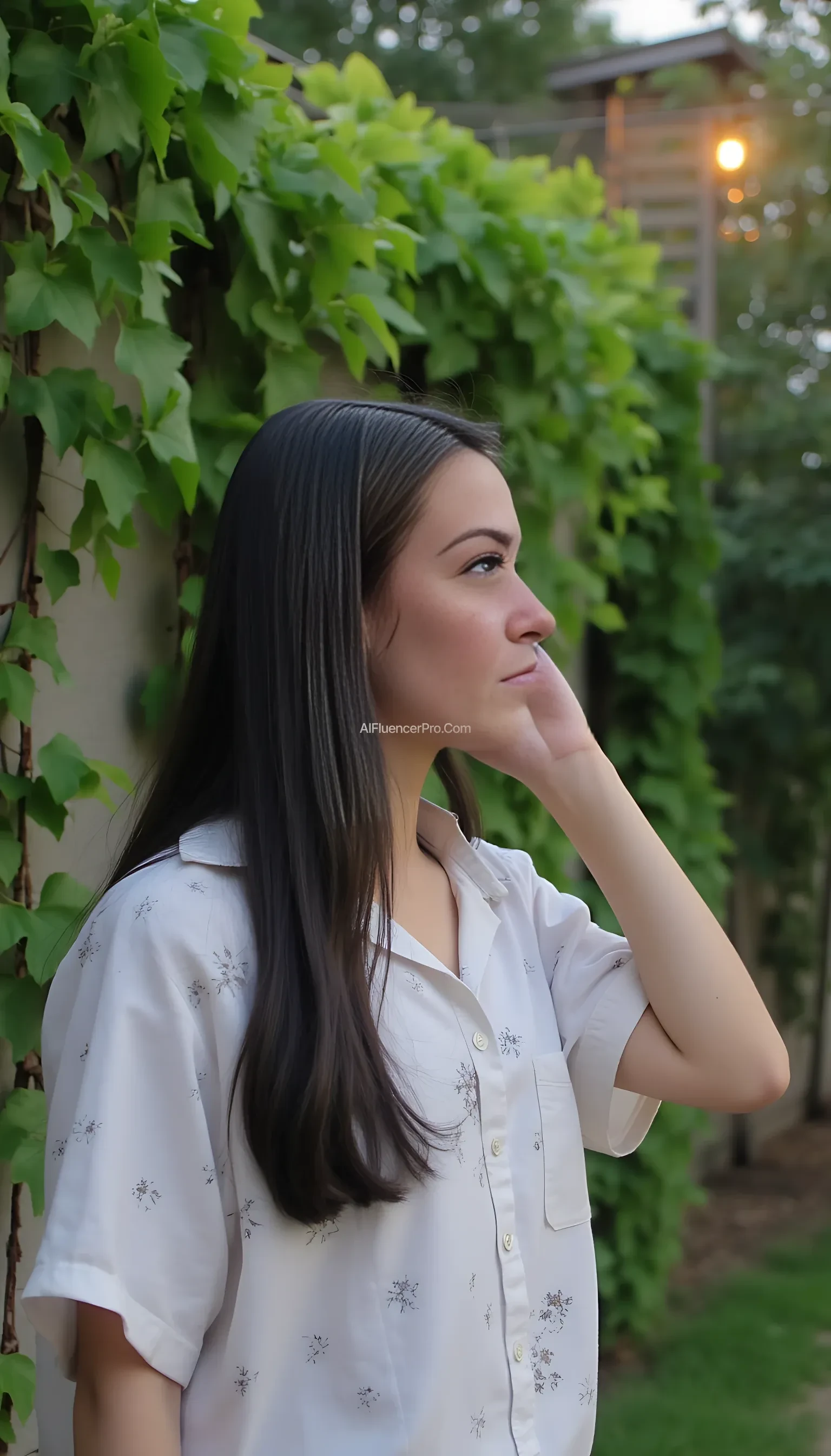 A serene scene featuring a young woman with long dark hair, gently pulling it back. She is wearing a white shirt with muted patterns, and her expression is calm and thoughtful. In the background, there's lush greenery, including trees and vines, softly lit by the warm glow of an outdoor setting. The overall atmosphere is peaceful and natural.She is clothless