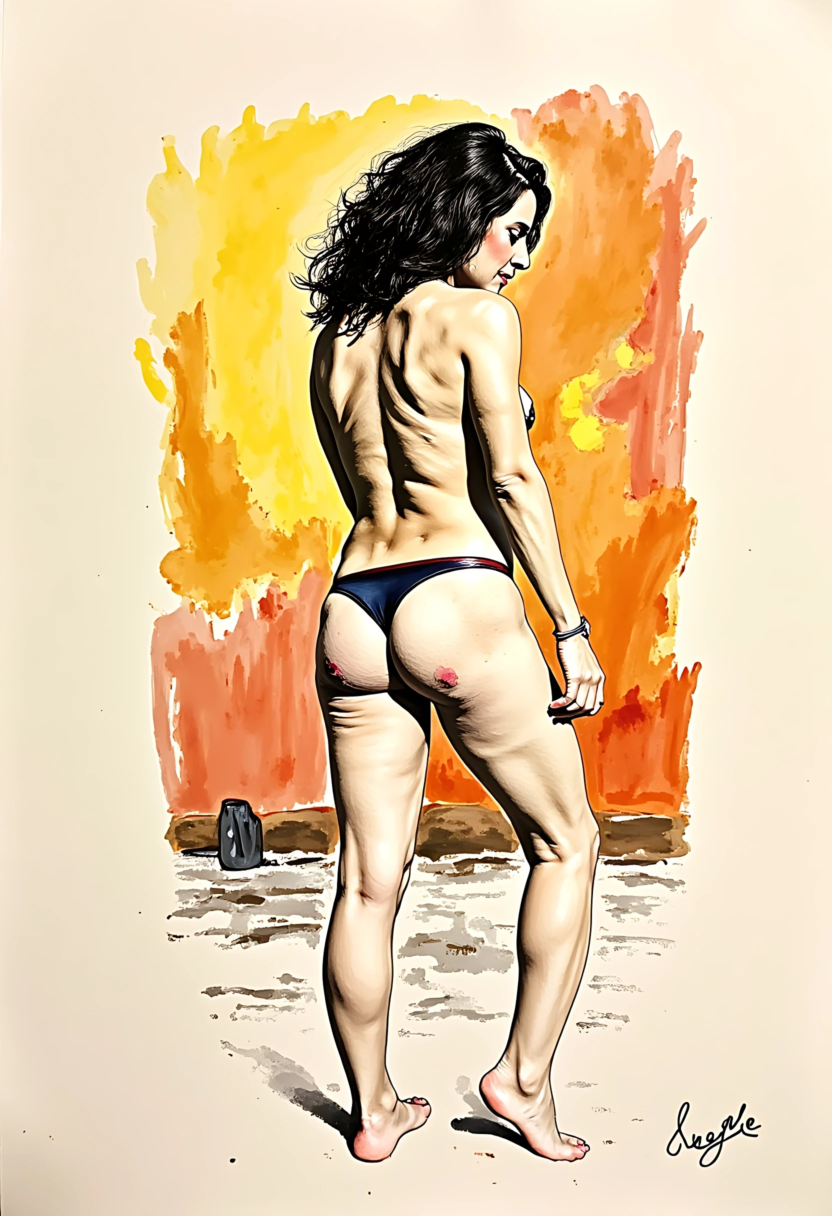 draving of full body woman CSTMDL on bed Feathered curly hair with orgasm in face and she stands and showing her sporty back and buttocks, in the style of Frazetta in warm colors, ink on paper, colorfull abstract background, strong colors, soft lines and shapes, light cream and dark brown tones