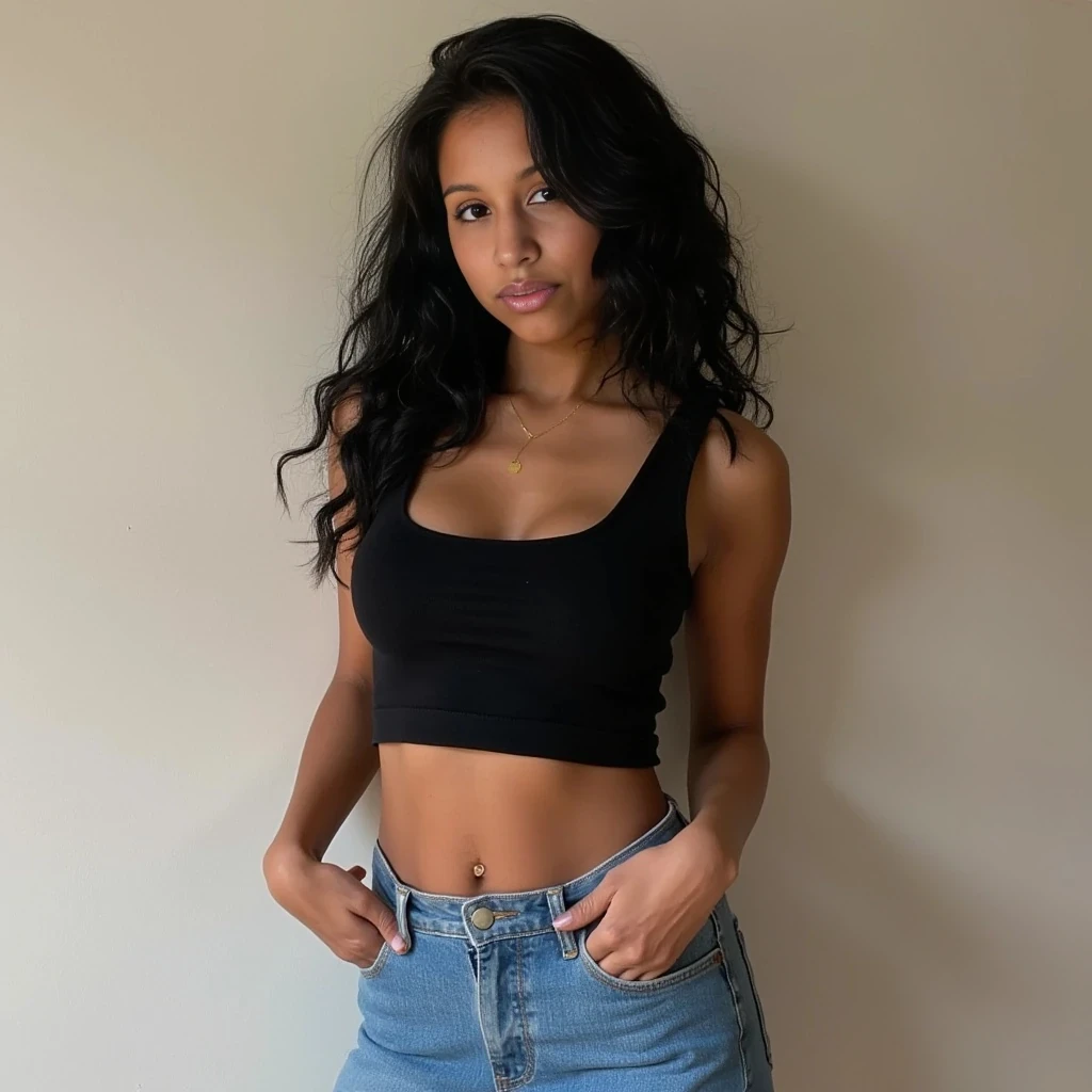 boring low quality instagram photo circa 2020, petite with sexy curves, black wavy hair, looking innocent, wearing jeans and crop top